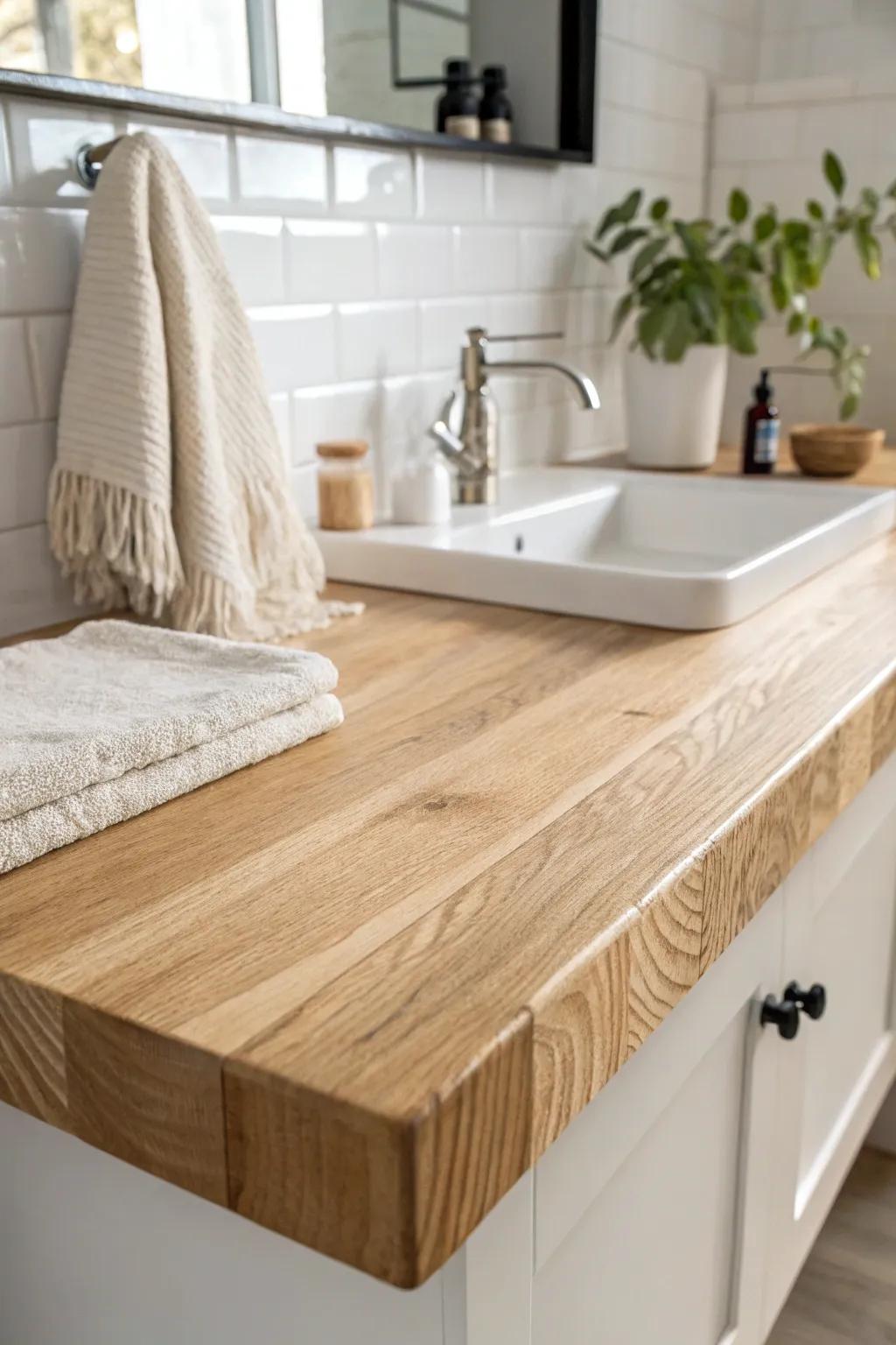 Light oak butcher-block countertop brings warm, coastal balance to a bright beach bathroom.