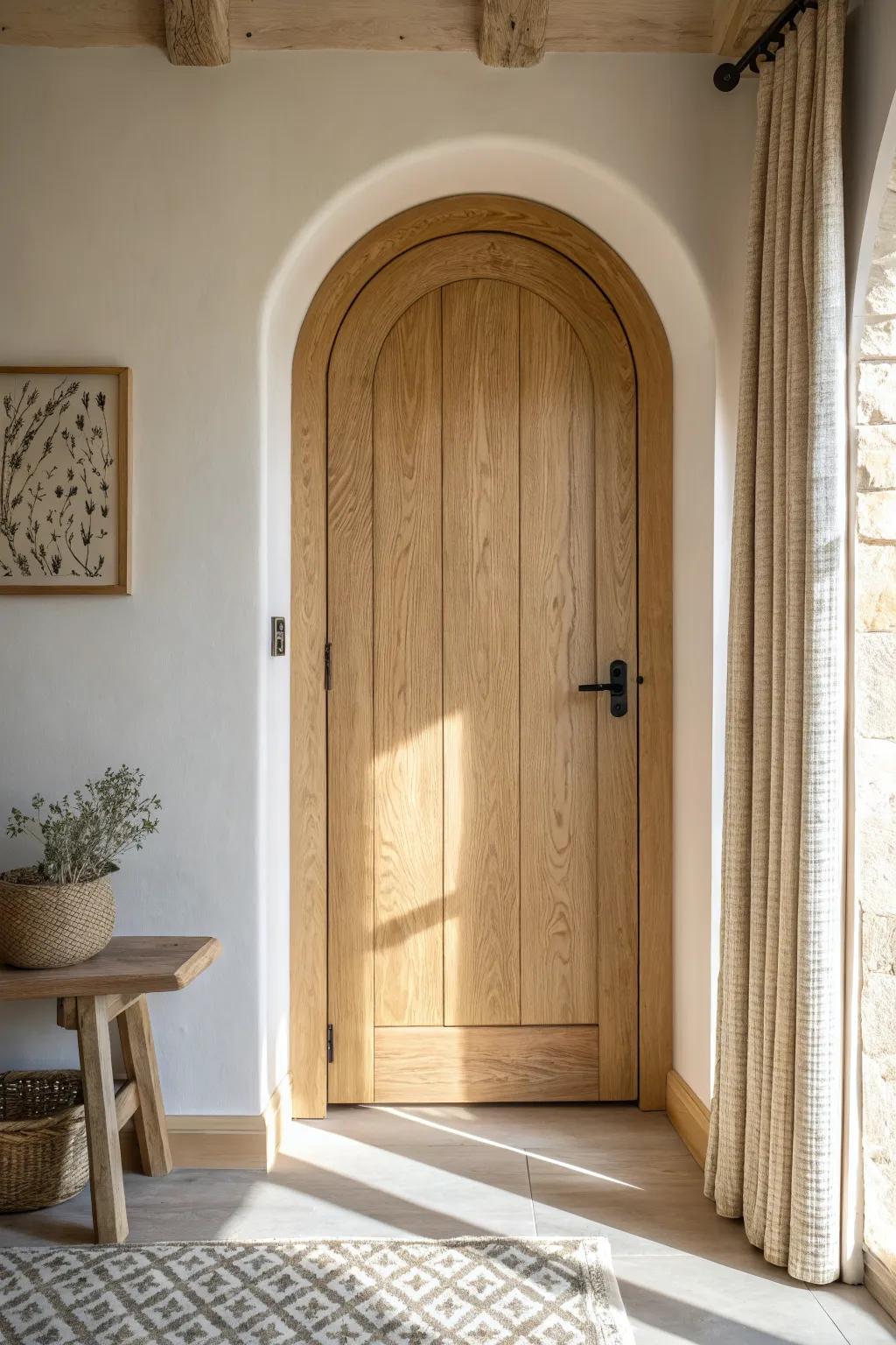 A handcrafted arched-top oak door adds storybook charm to a clean, minimalist hallway.