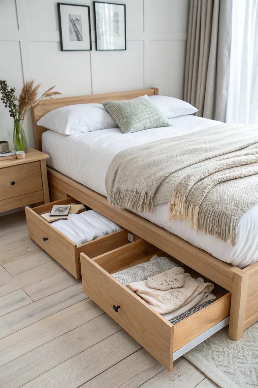 Pale oak platform bed with sleek underbed drawers—beautiful storage for linens and off-season clothes.