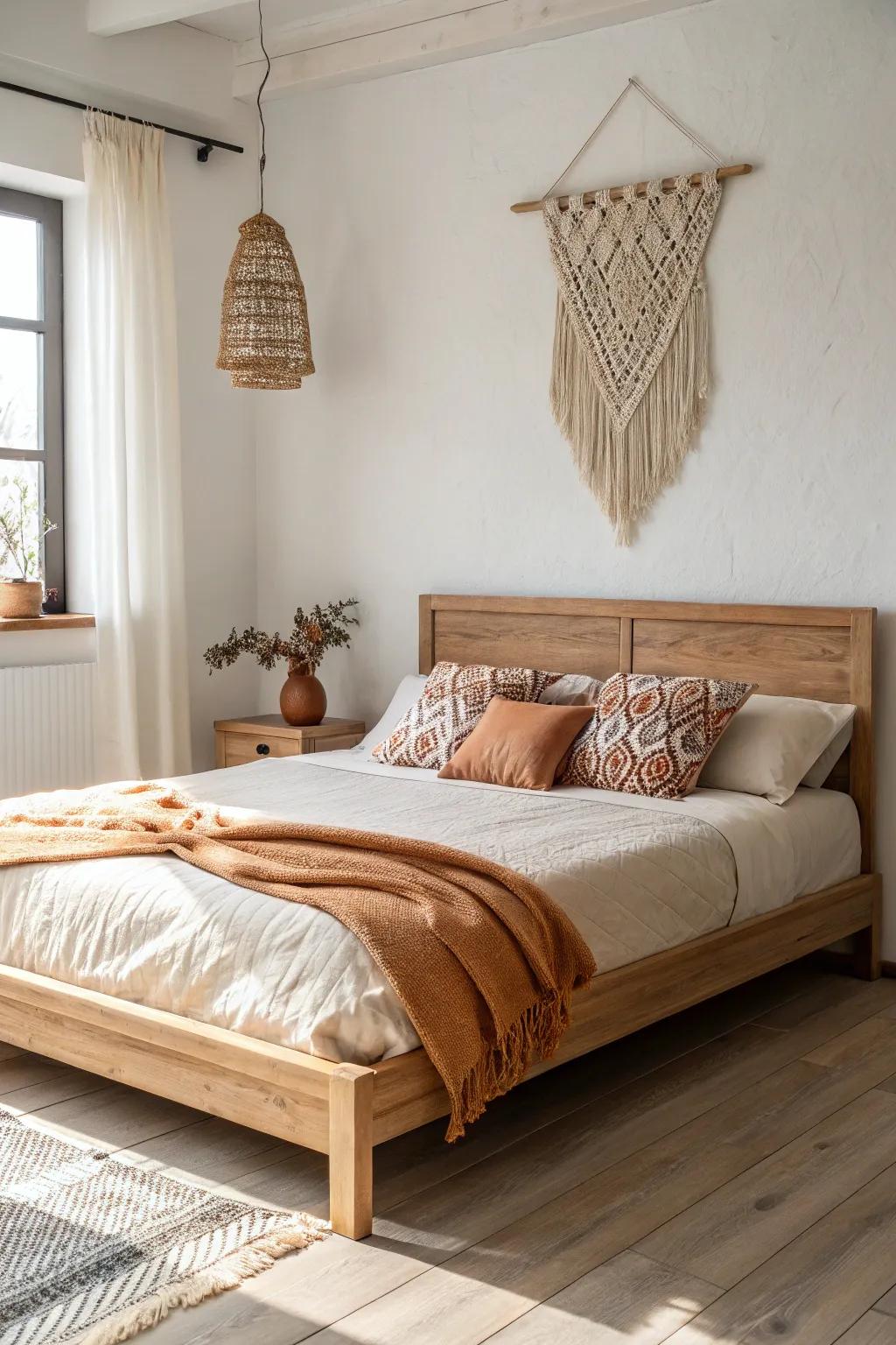 Boho textures meet warm wood: knit throw, patterned pillows, and calm linen layers.