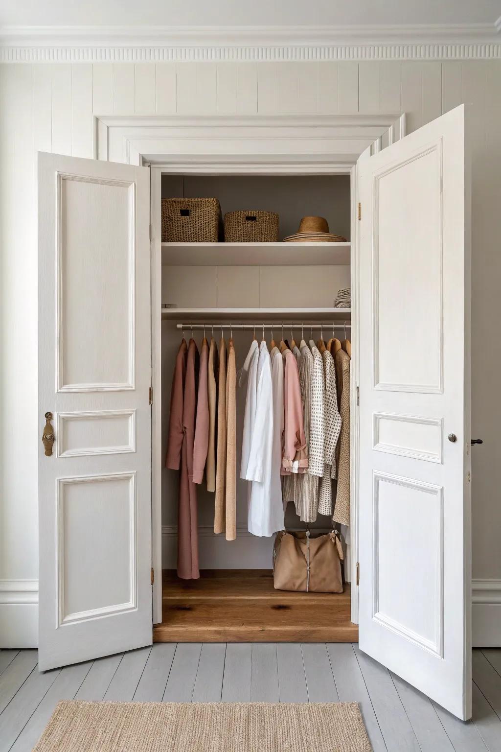 A clean, trimmed frame makes a doorless closet feel finished—simple, airy, and beautifully styled.