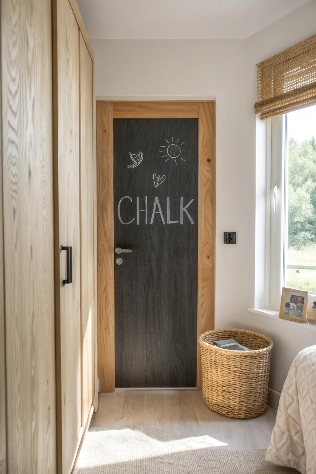 A chic chalkboard message panel turns a plain bedroom door into a warm, playful note spot.
