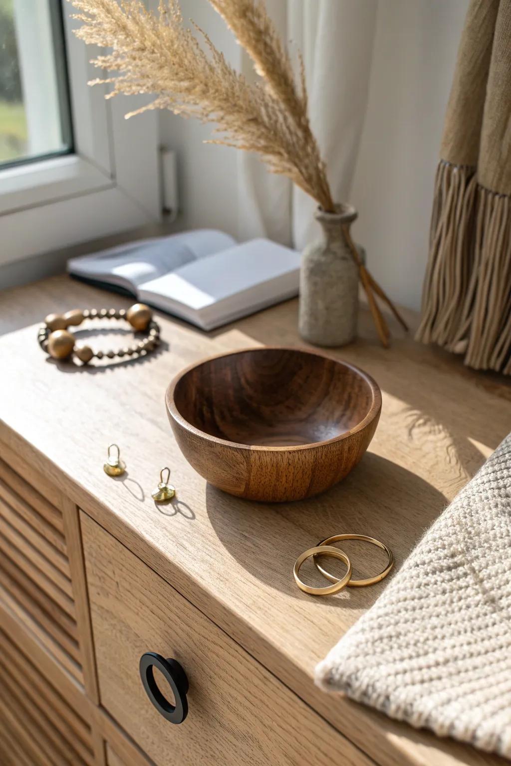 A tiny wooden pocket bowl keeps dresser-top essentials neat—without turning into a catchall mess.