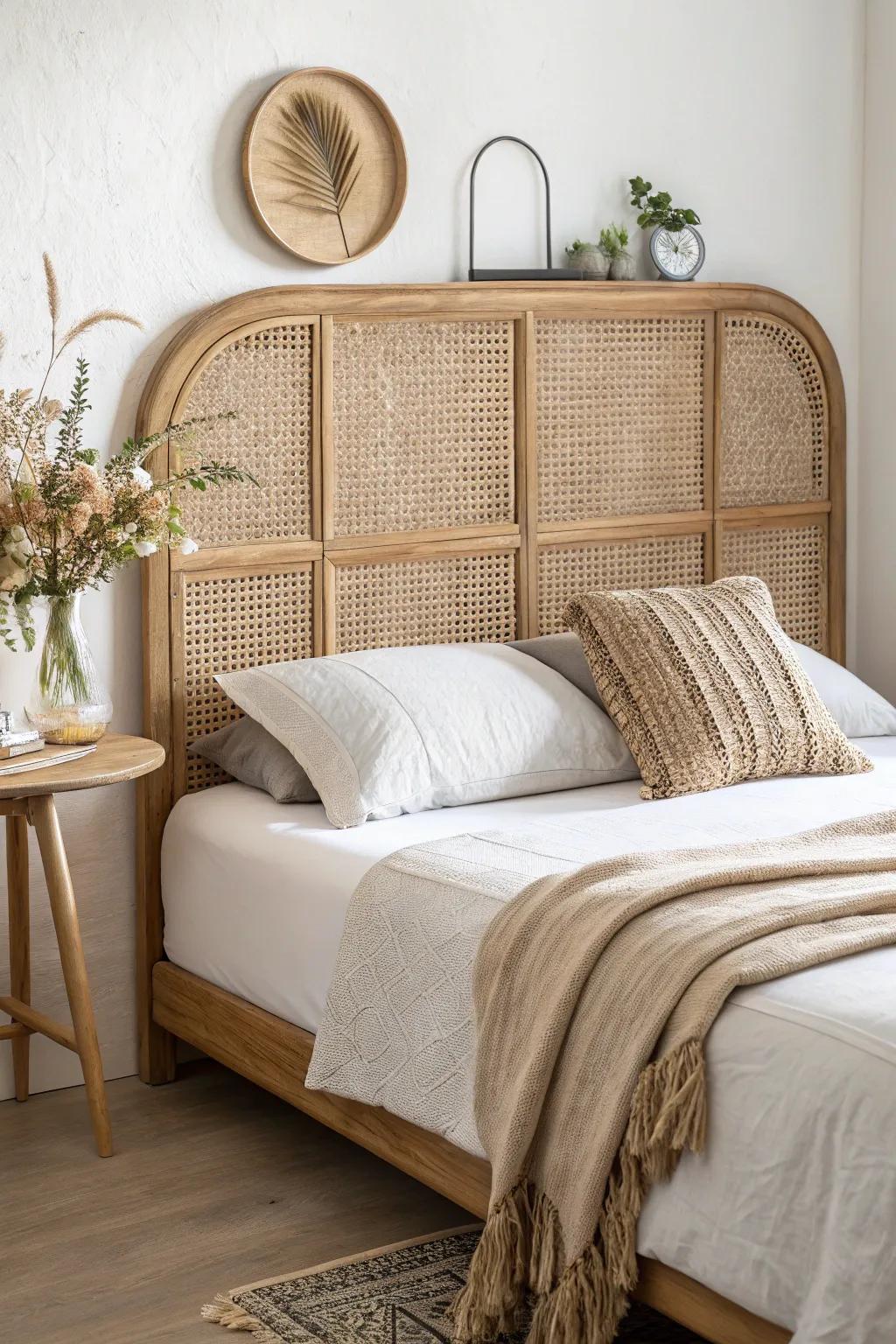 A breezy cane-inset headboard in a simple wood frame—light, textured, and effortlessly luxe.