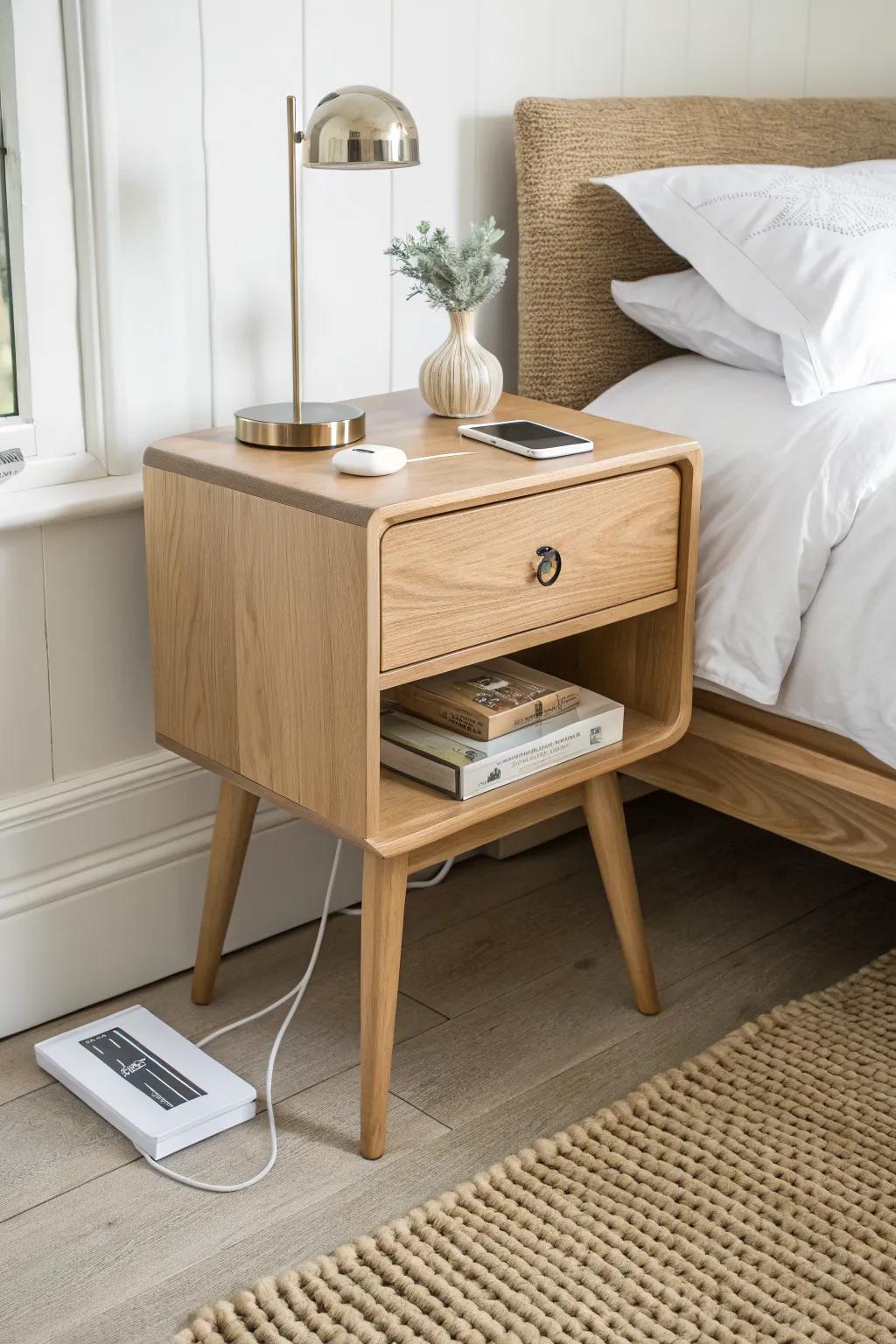A clean oak bedside sideboard with a hidden inside charging station—no cables on top.