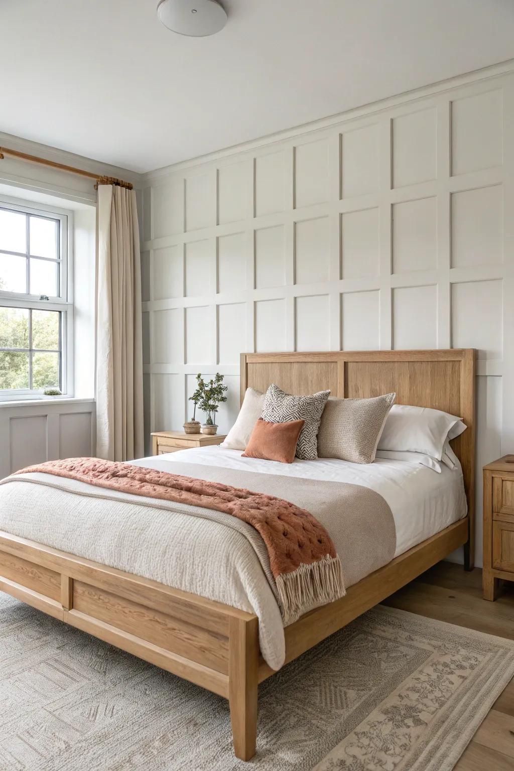 Picture frame molding panels behind the bed for a calm, balanced wall with cozy depth.