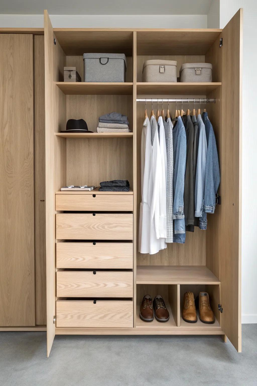 Drawer-heavy wardrobe storage: shallow tees, deep denim, and tidy shoe cubbies in warm oak.