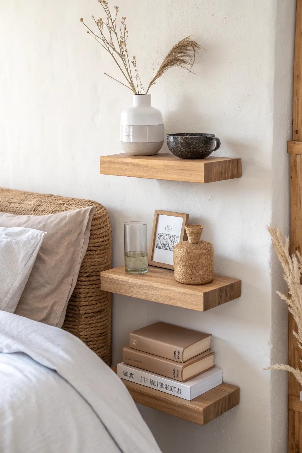 Go vertical: three stacked mini wall shelves keep bedside essentials tidy and airy.