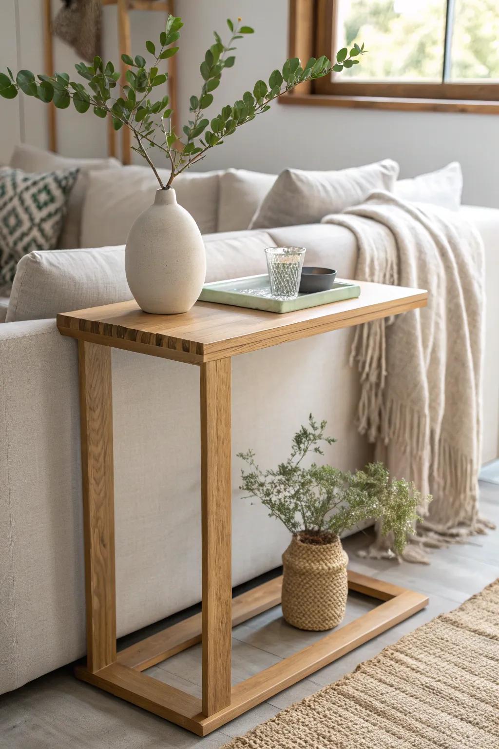 Off-center eucalyptus on a slim oak sofa table—fresh greenery without blocking the view.