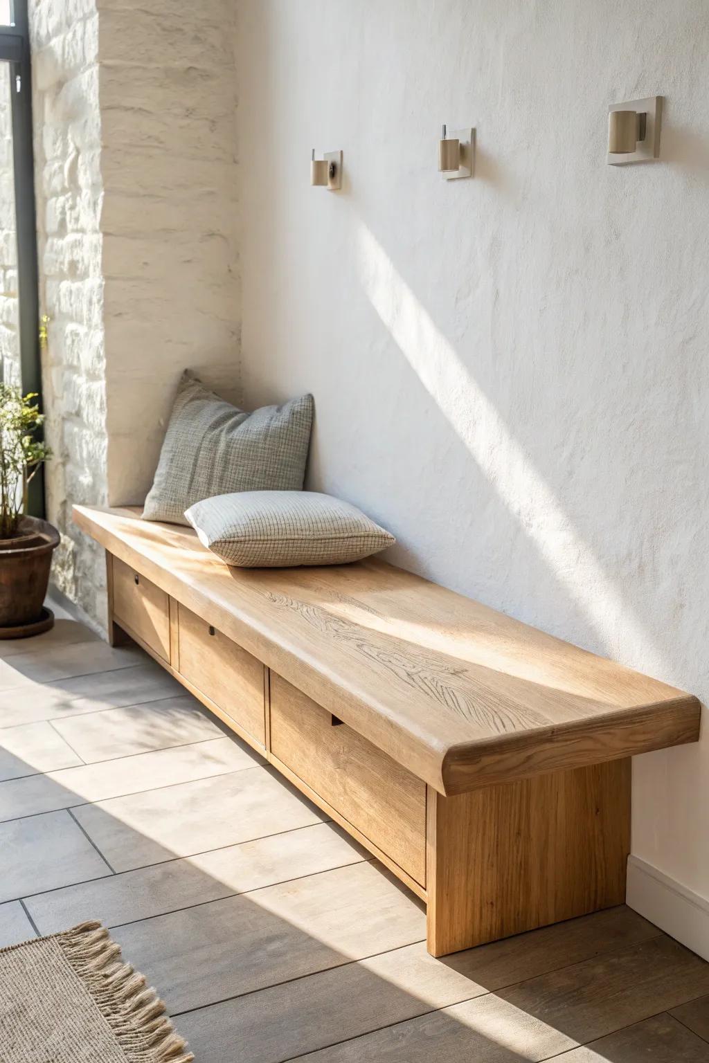 A sleek floating oak bench that feels airy, modern, and beautifully crafted.