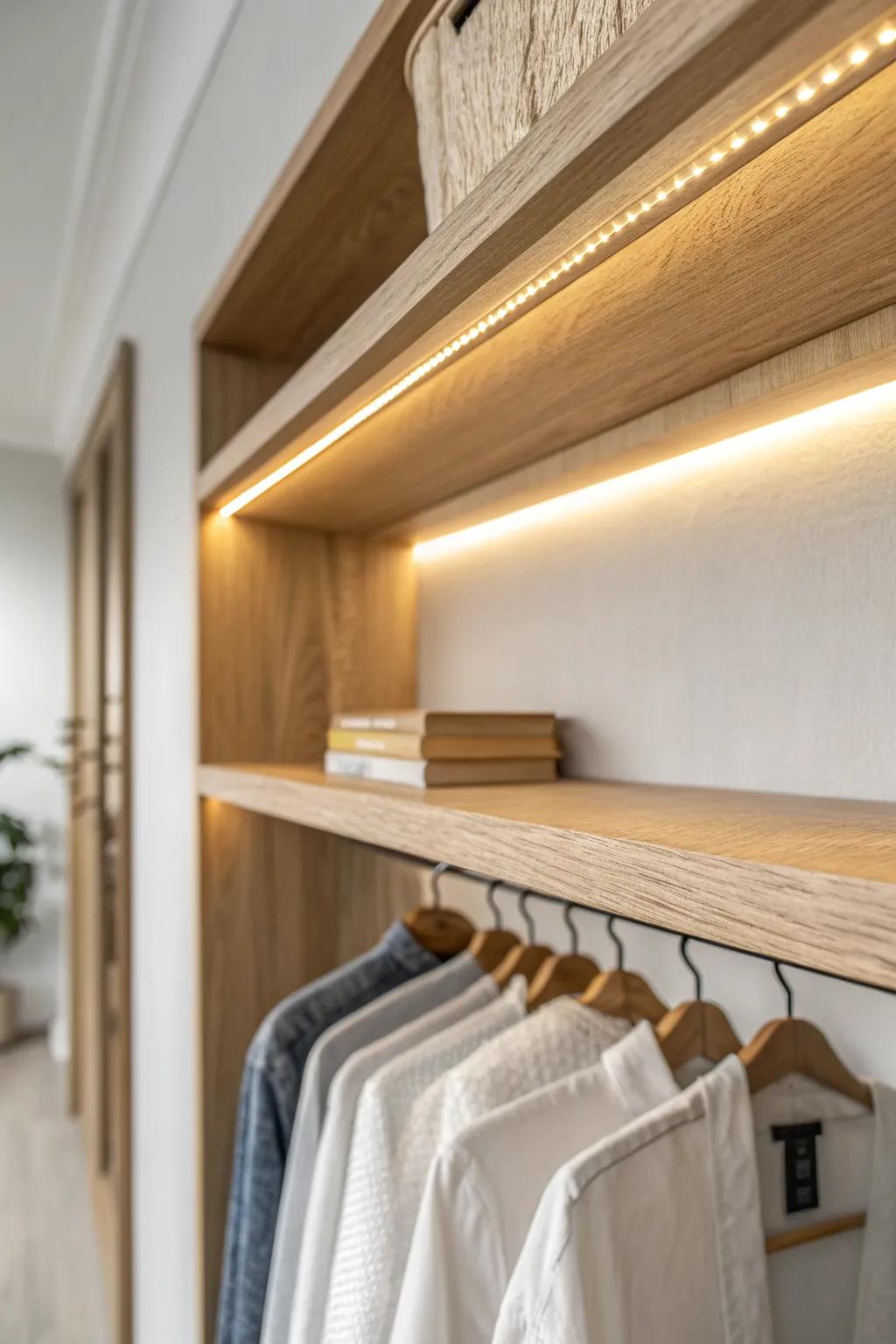Motion-activated shelf lighting brightens a bifold closet and keeps every category easy to see.