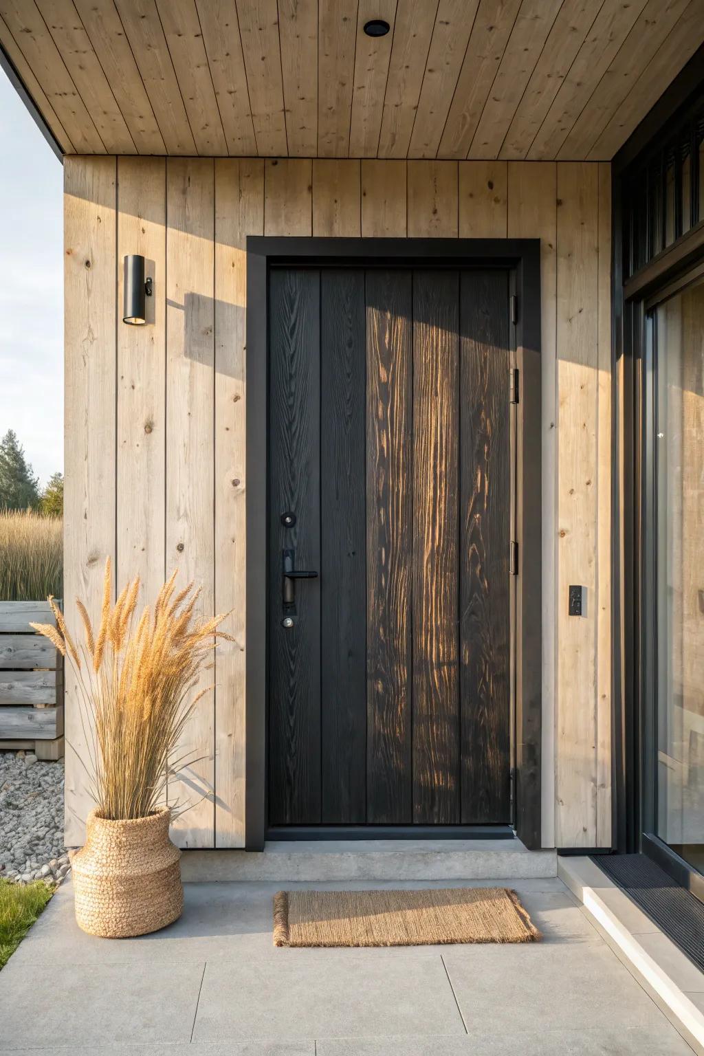 Oversized Shou Sugi Ban door: bold char, brushed grain contrast, and cozy modern warmth.