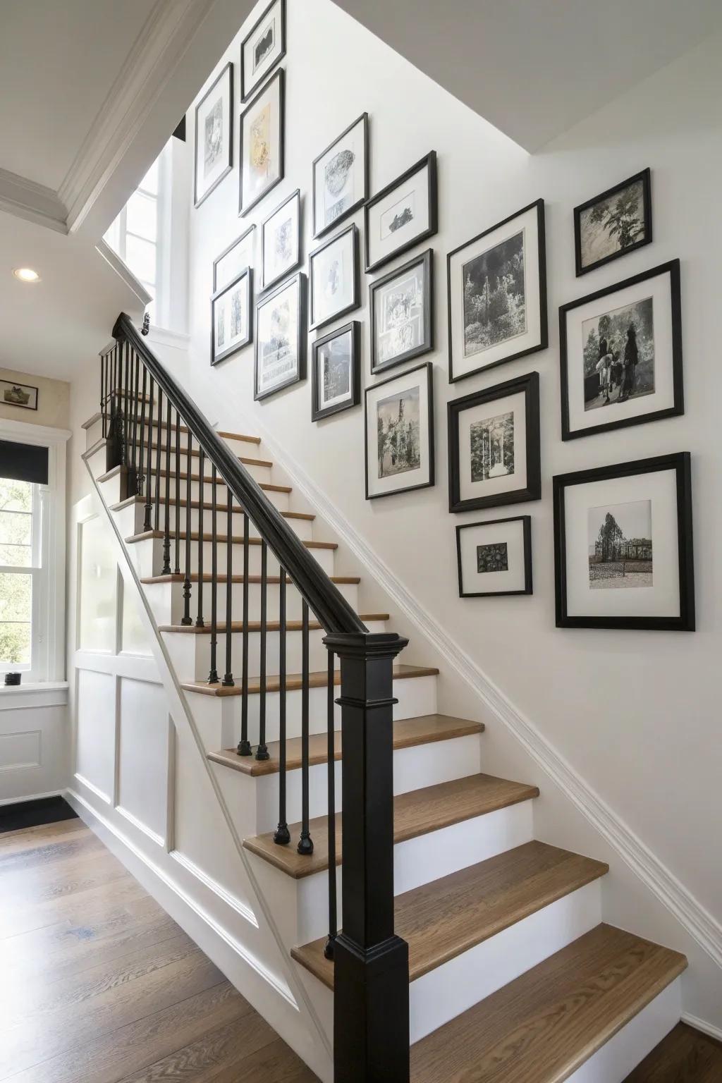 Black frames echo the banister for a staircase gallery wall that feels intentional and refined.