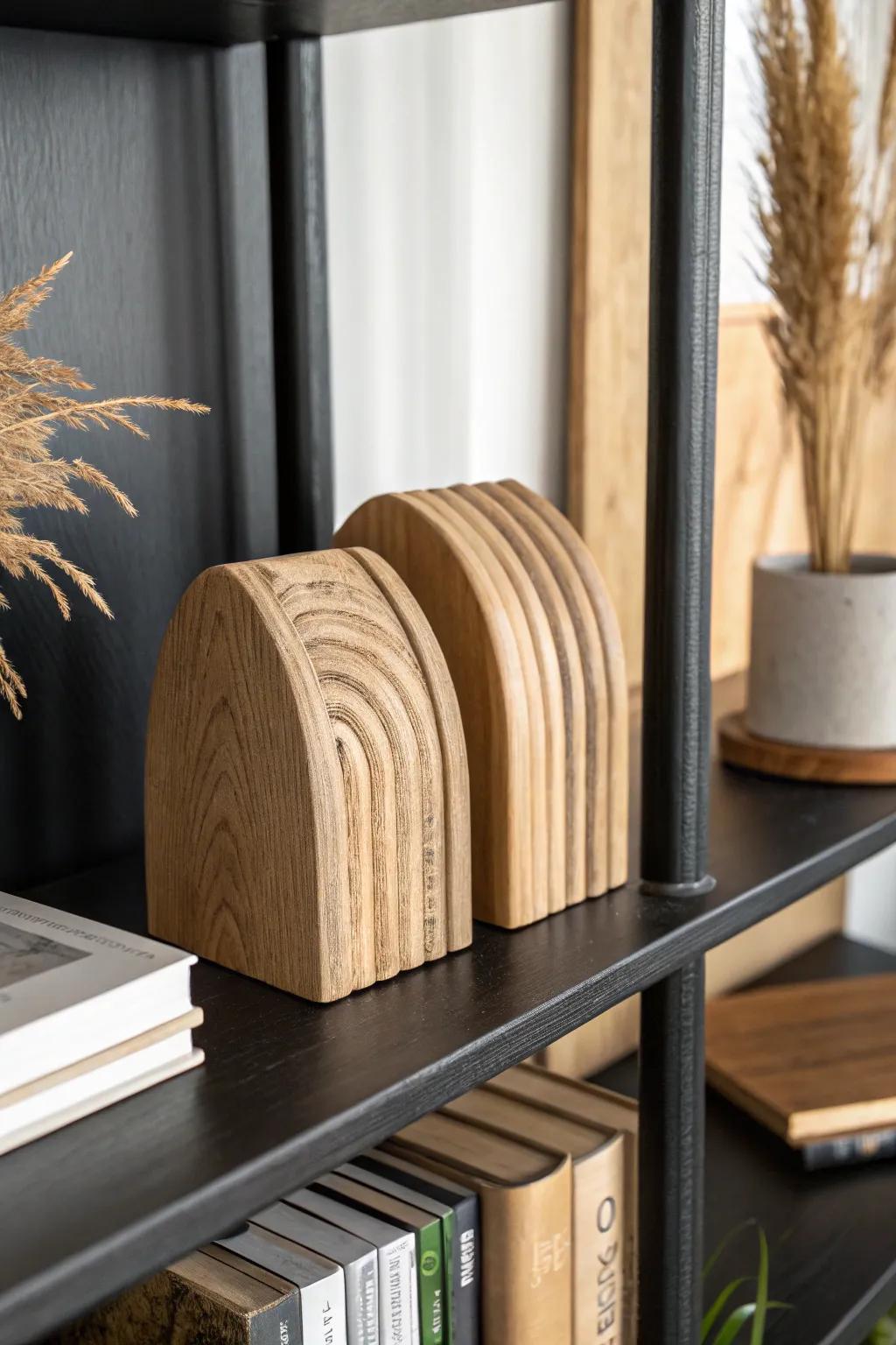 Sculptural wooden bookends pop on a black shelf—simple, handmade, and beautifully bold.