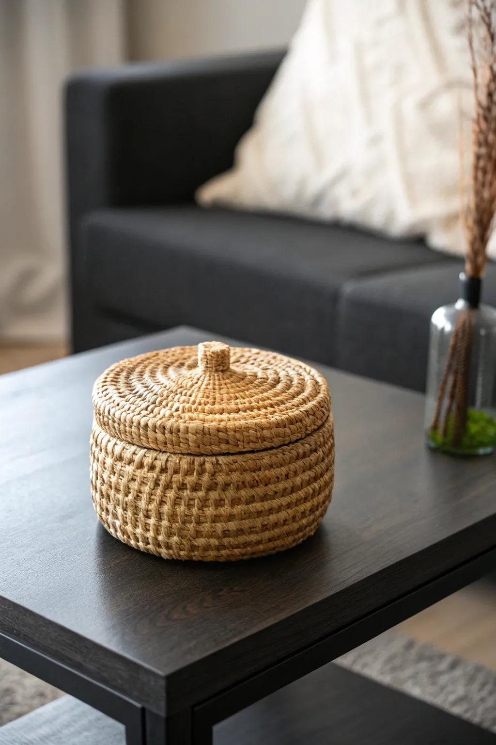 A handwoven box adds cozy texture and balance, softening the look of a black coffee table.