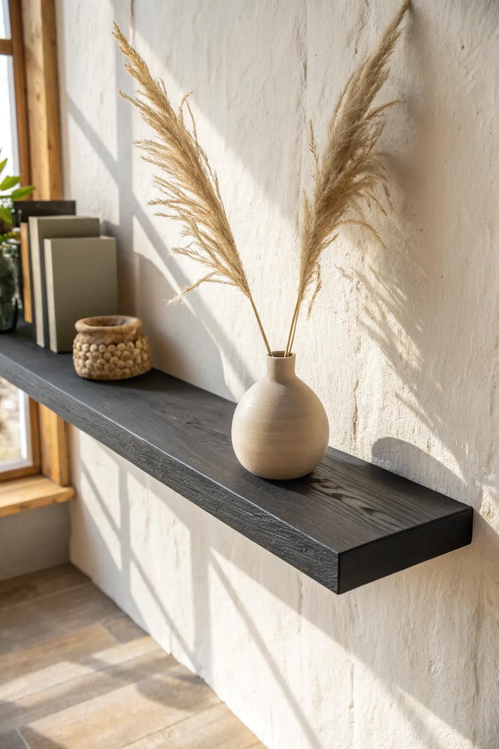 Thick matte-black floating shelf with hidden brackets for a seamless, high-end look.