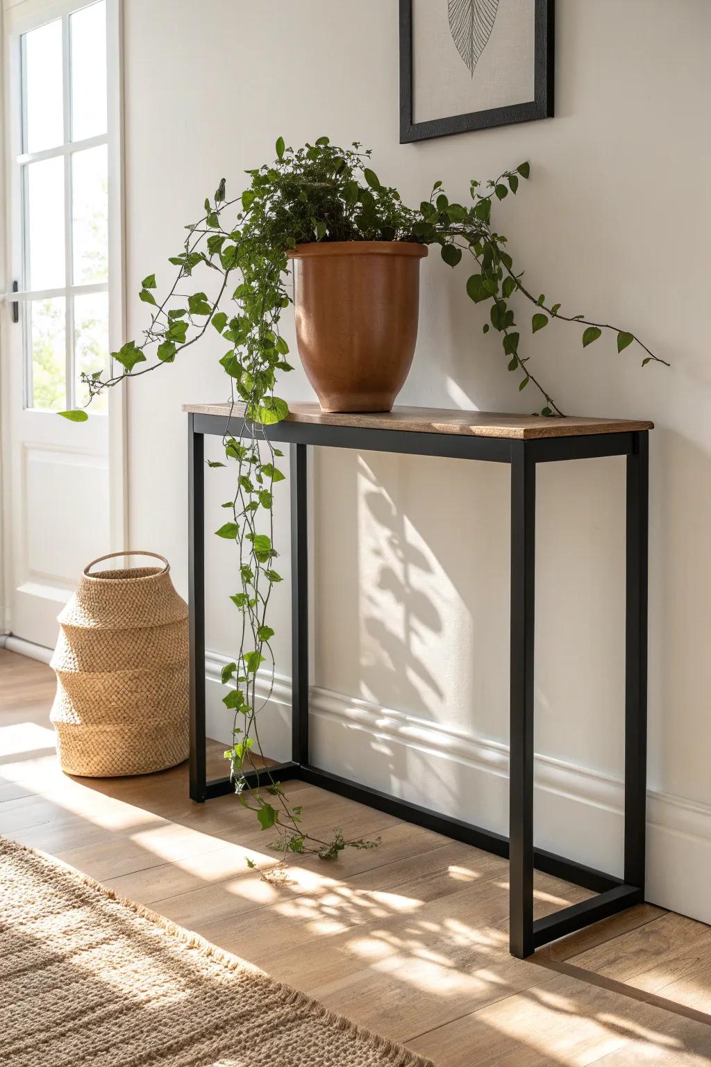 A trailing green vine in a chunky pot instantly softens black furniture and adds fresh contrast.