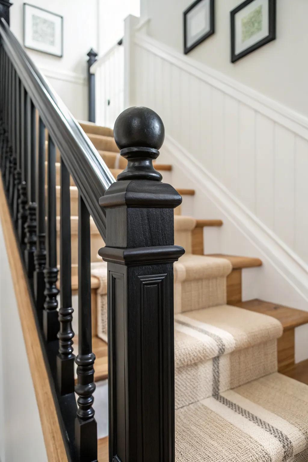 Matte black banister + neutral striped runner: a safe-but-stunning stair pairing with depth.
