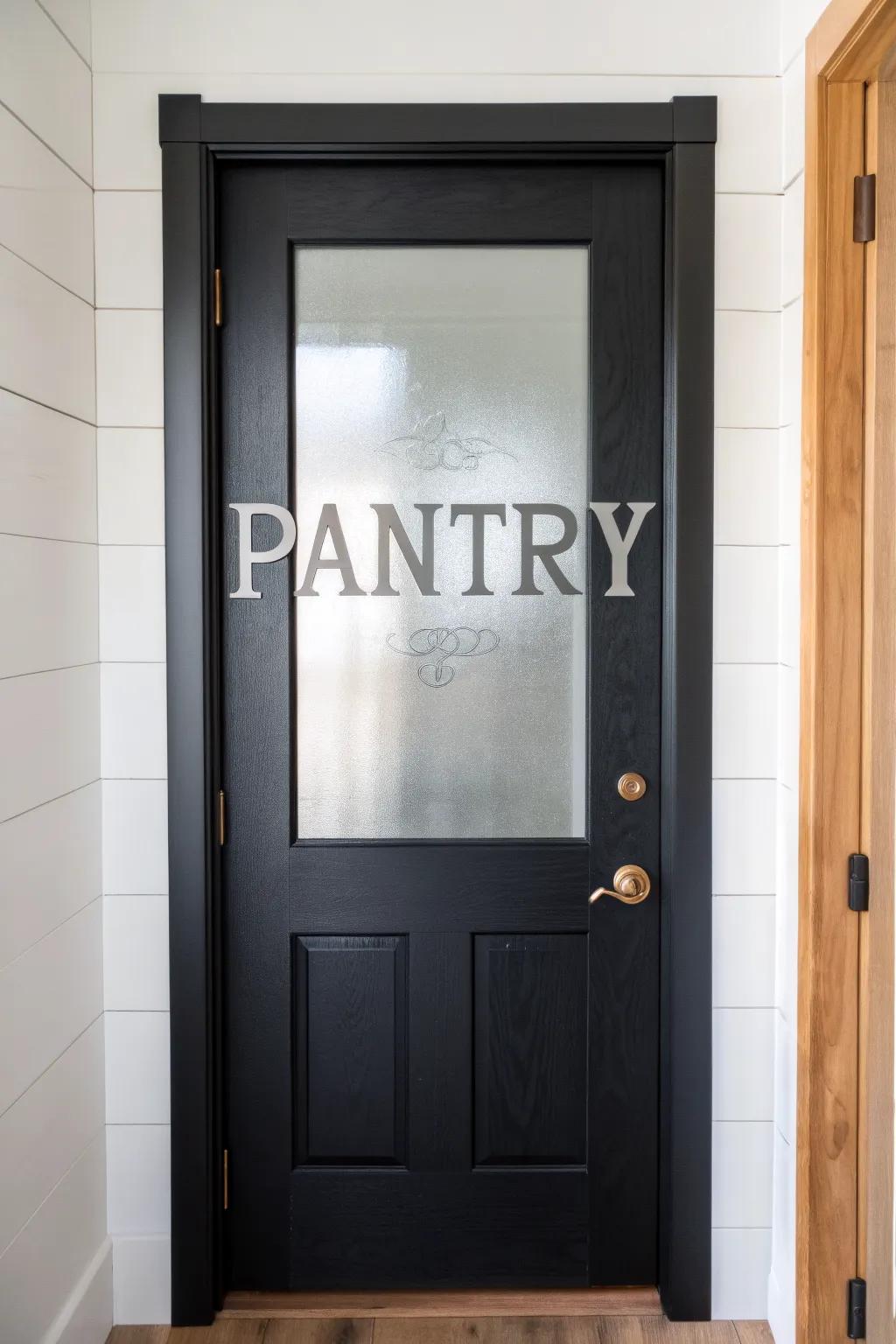 Etched PANTRY lettering on a matte black glass door—classic detail with modern Scandinavian calm.