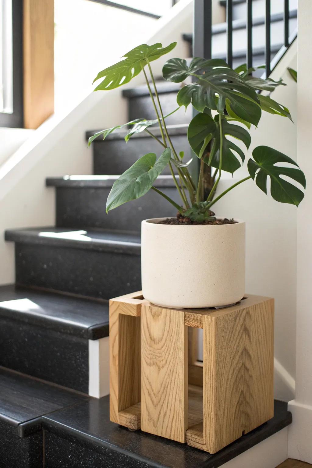 A leafy plant on a chunky wood stand softens black stairs with warm, natural contrast.