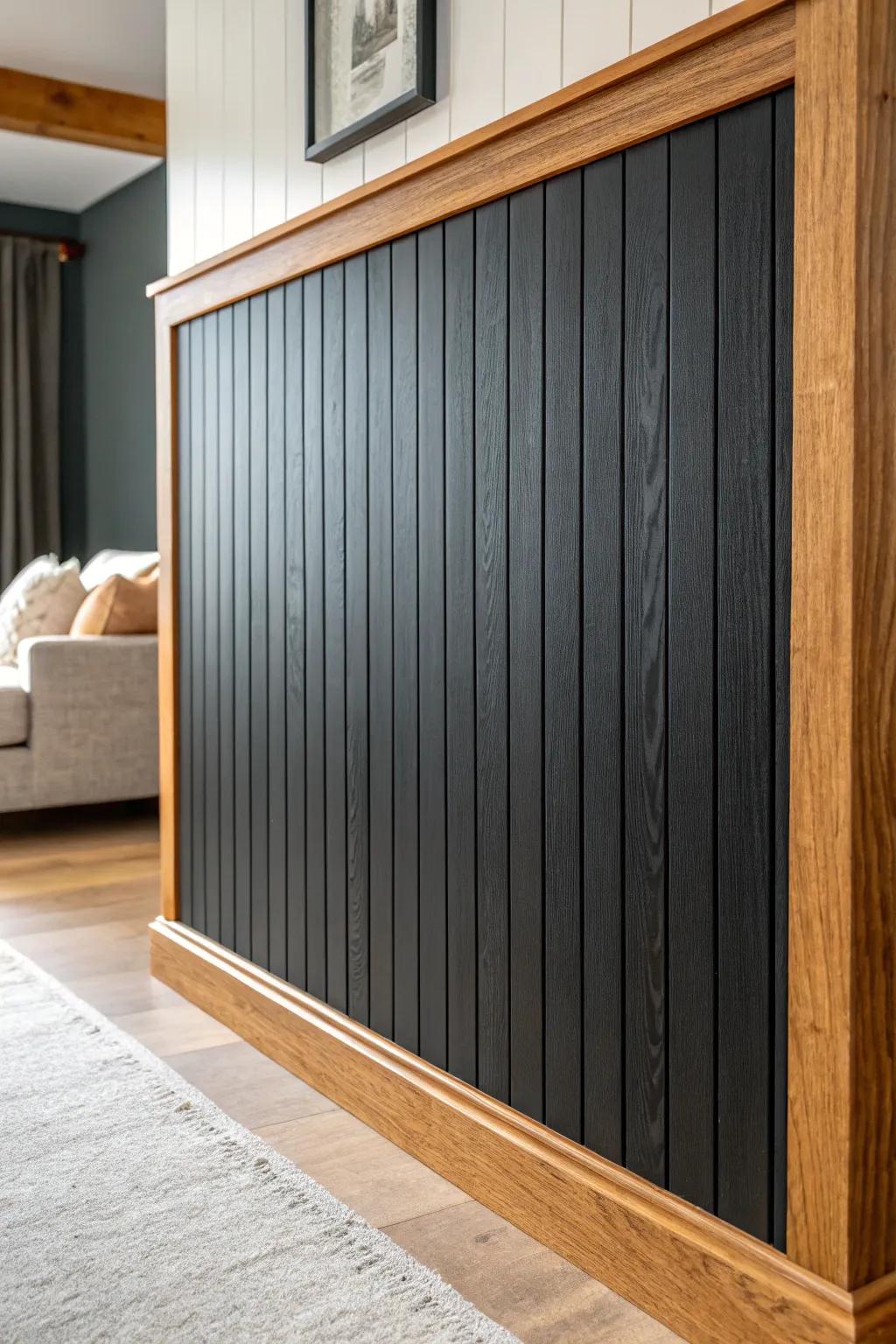 Matte black panels framed in warm reclaimed wood—modern contrast with cozy, rustic undertones.