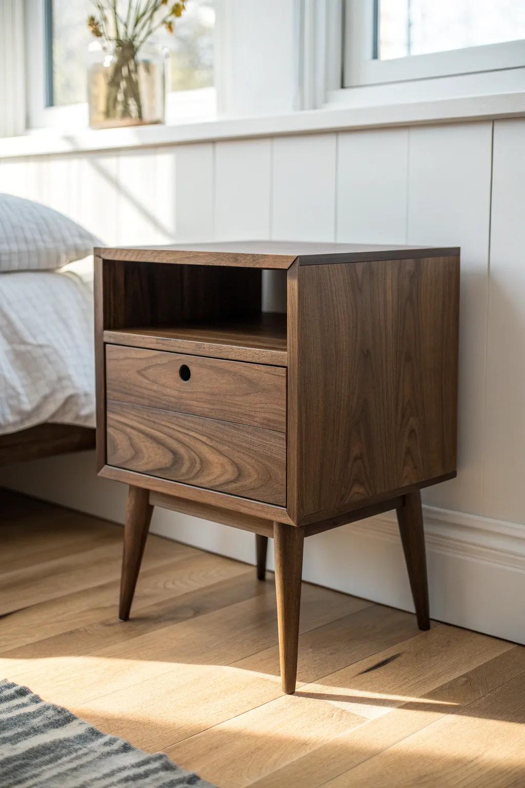 Minimal black walnut nightstand with one deep drawer—warm grain, calm Scandinavian style.