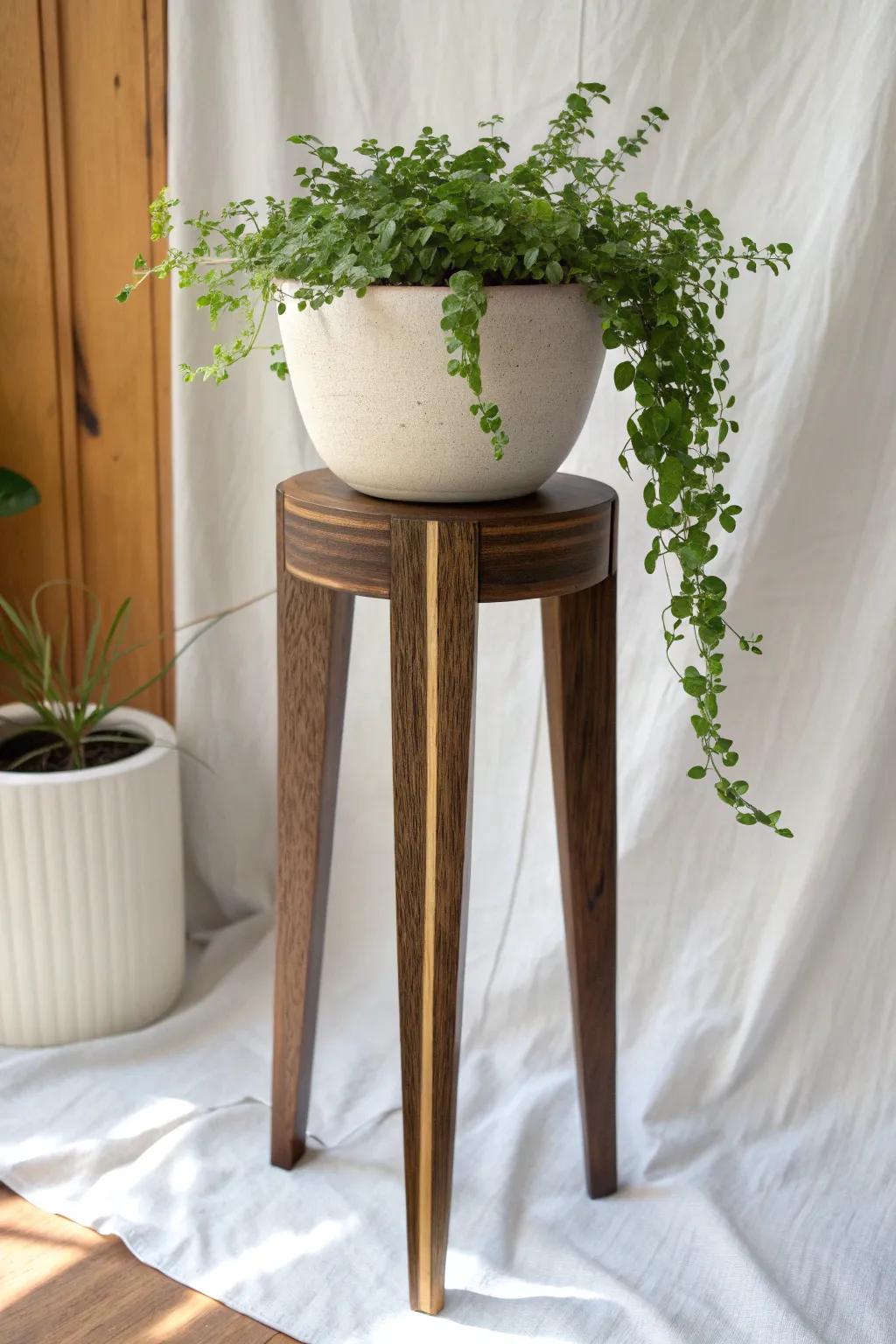 Clean-line black walnut plant stand with a subtle sapwood stripe—modern, warm, and airy.