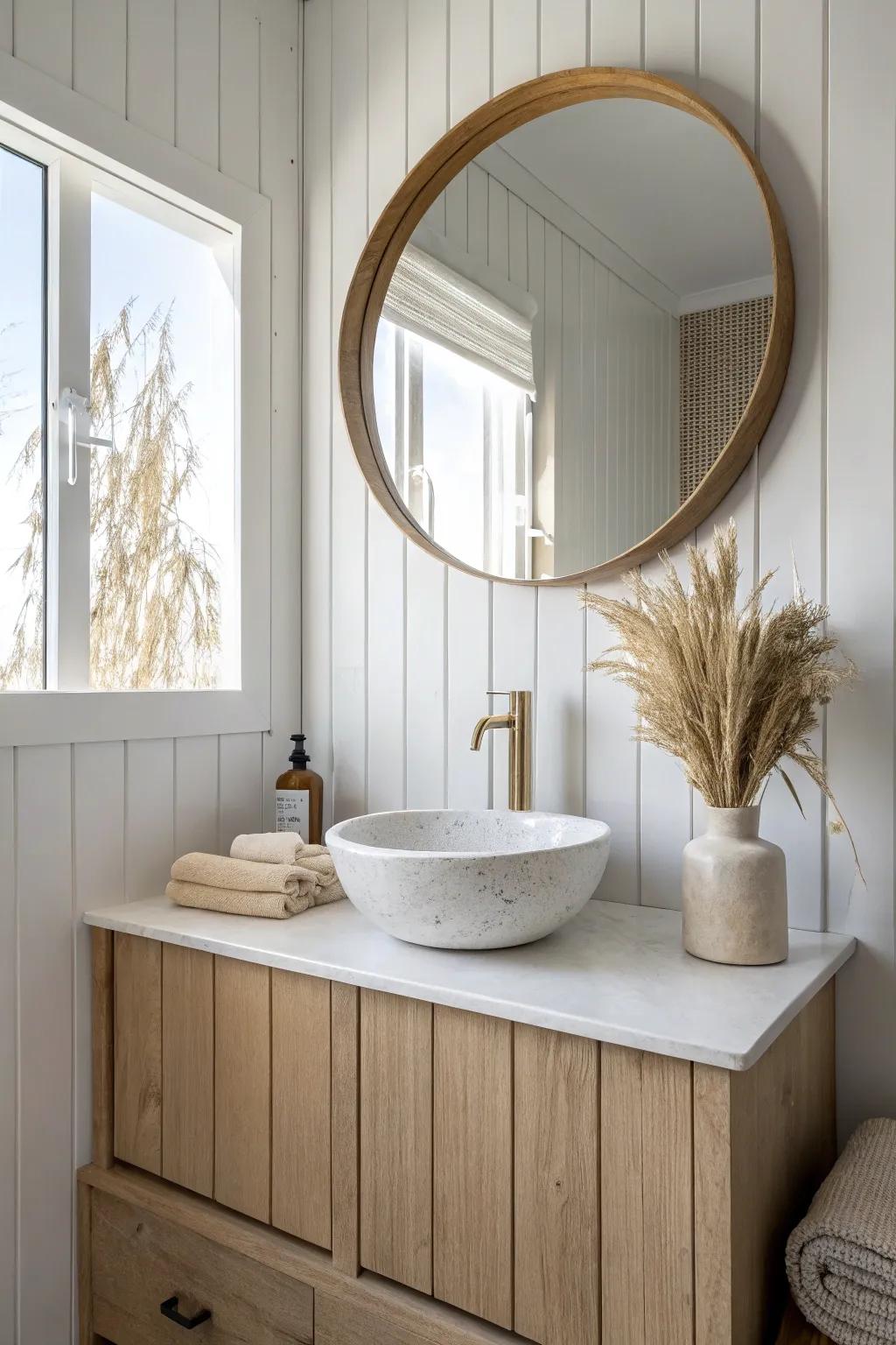Floor-to-ceiling board and batten behind the mirror for a boutique-hotel bathroom vibe.