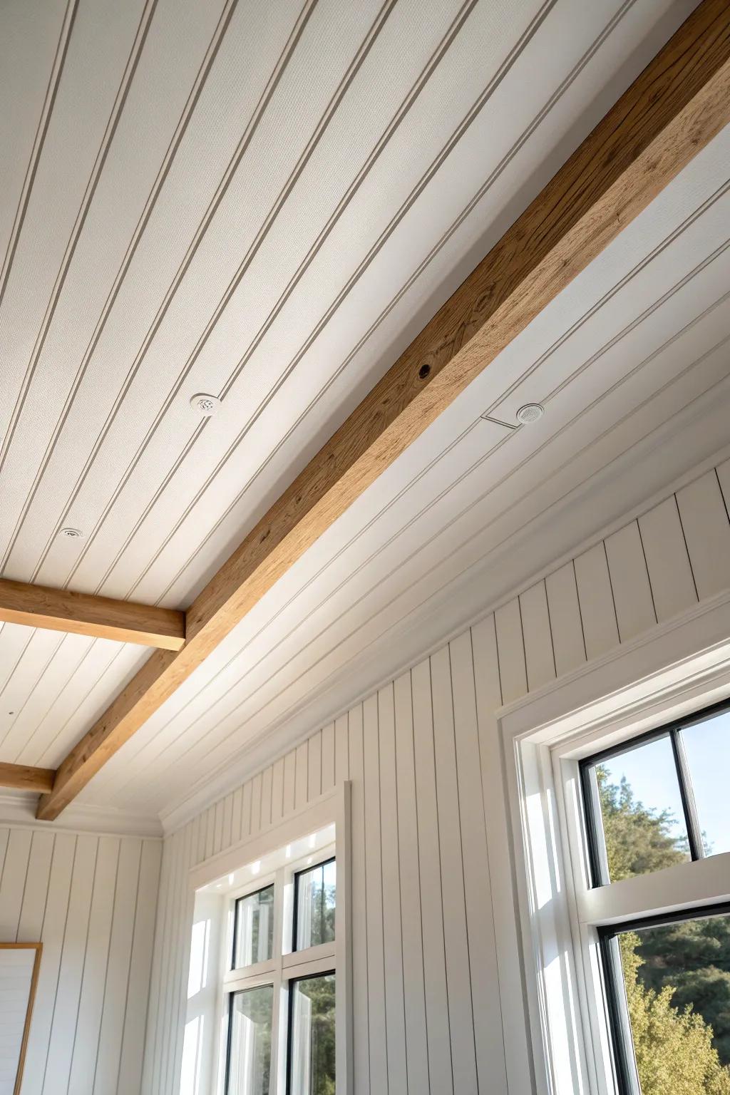 Wide board-and-batten panels for a calm, modern ceiling—minimal lines, maximum elegance.