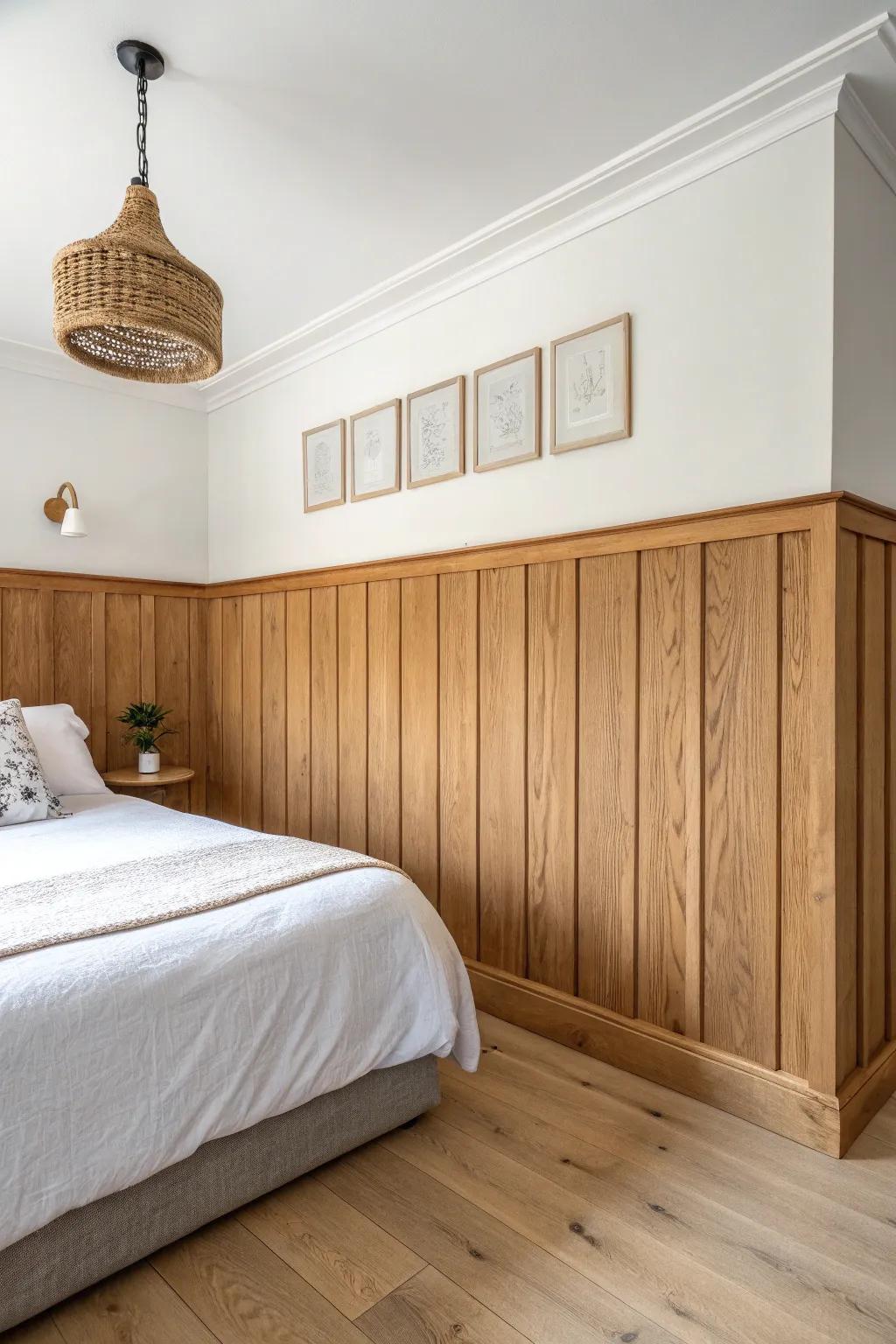 Warm stained board-and-batten wainscoting for a cozy, grounded Scandinavian bedroom.