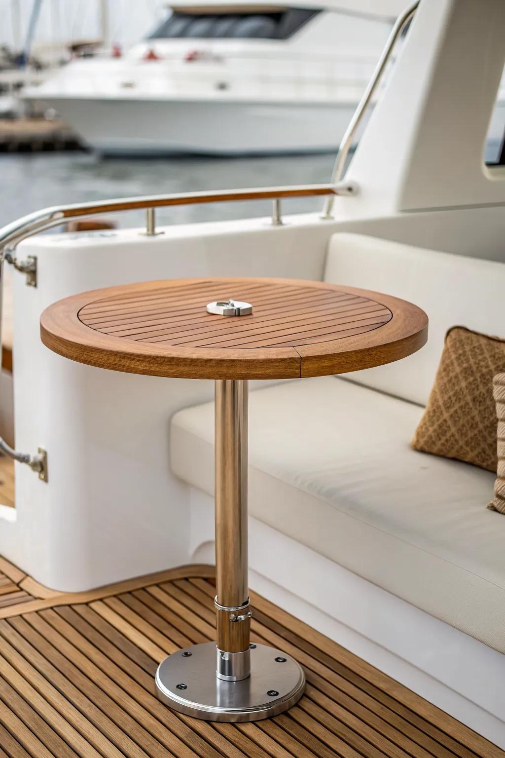 Swing-away pedestal table in warm teak—pivots clear of narrow walkways in one smooth move.