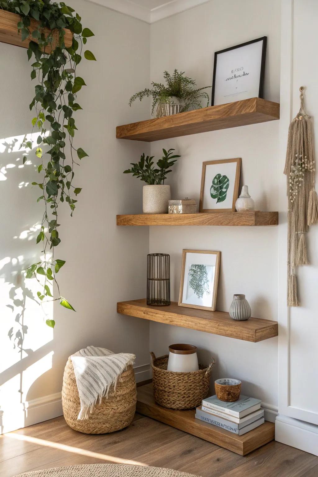 Layered floating wood ledges styled with art, greenery, and handmade pieces for a boho wall