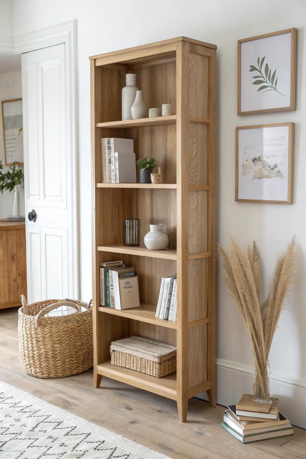 Open-back oak bookshelf divider—books on one side, boho decor on the other, every angle.