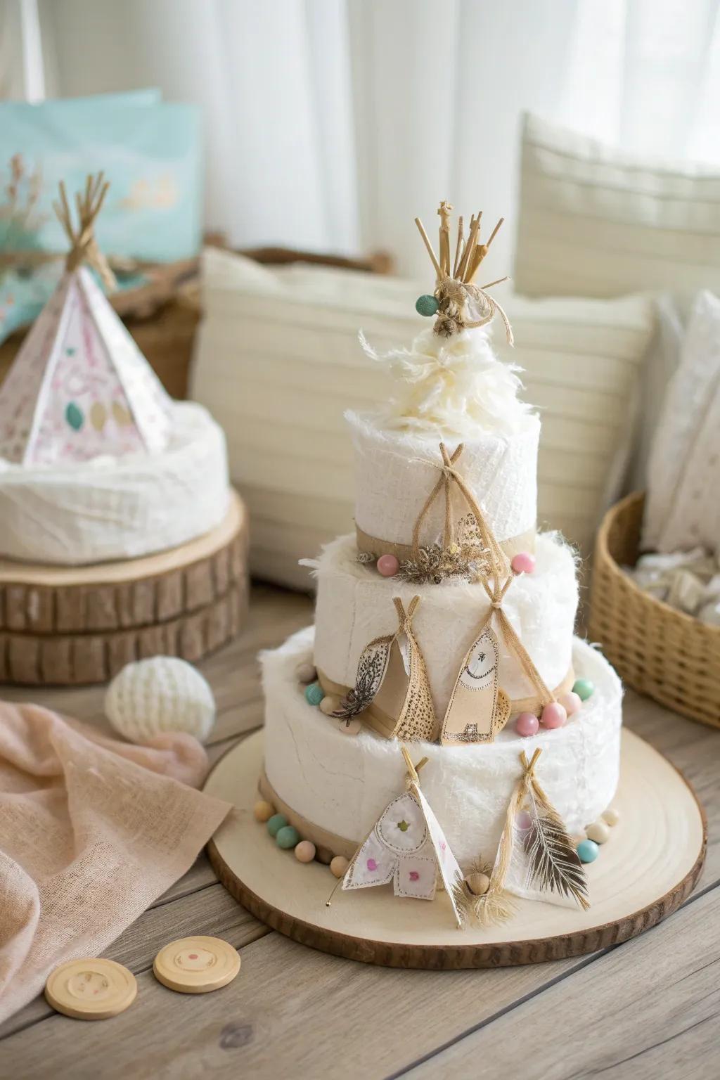 Infuse your baby shower with whimsy and warmth with this boho-chic diaper cake featuring charming mini tents!