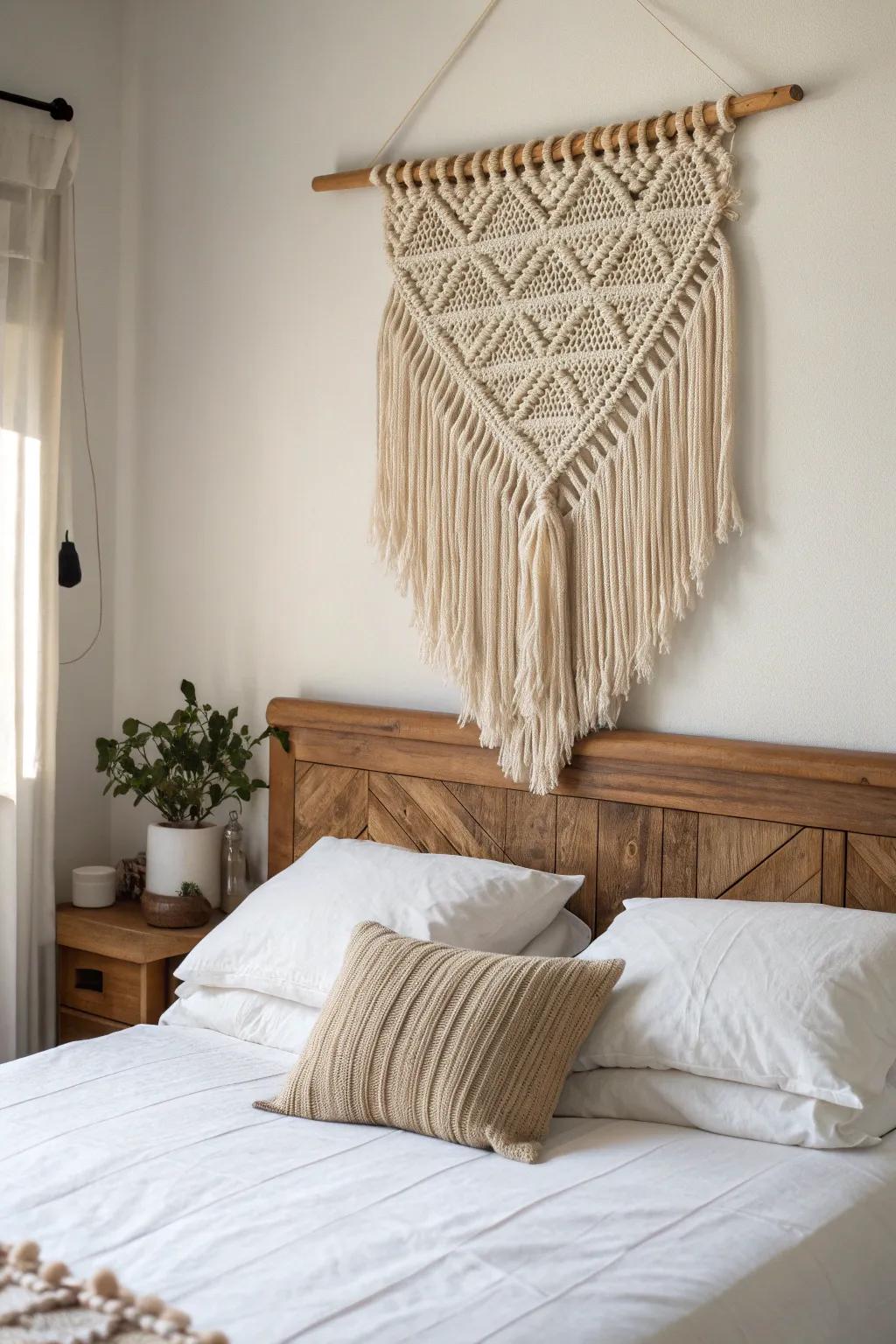 Tea-dyed macramé over an oak headboard—boho texture with calm farmhouse warmth.