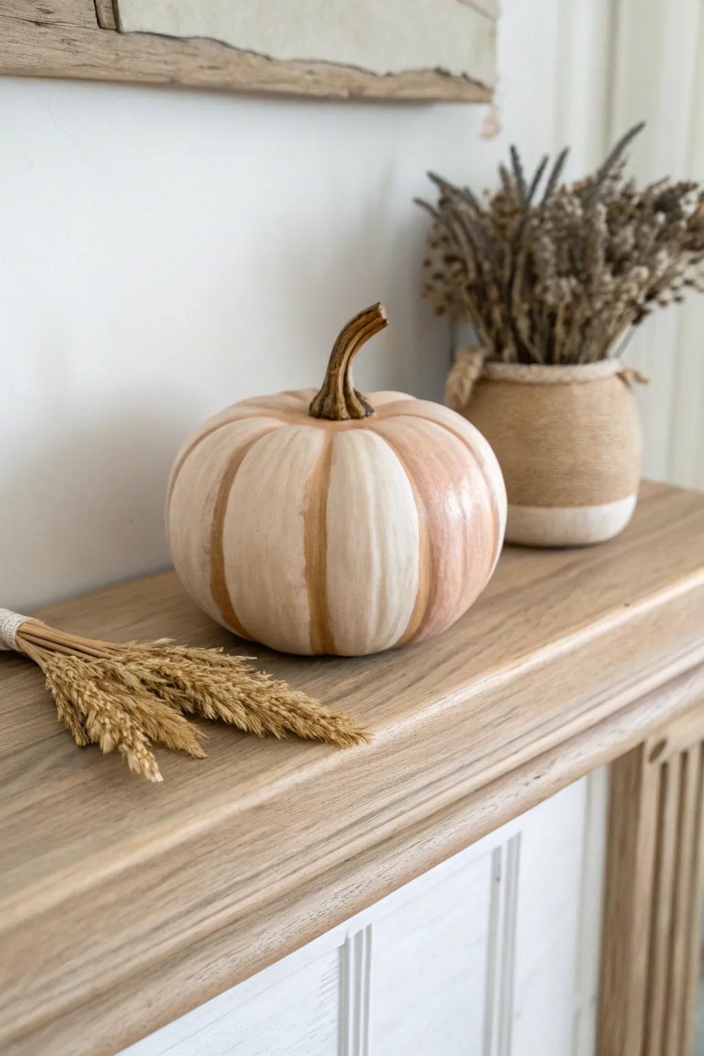 Neutral wooden pumpkin with dried grasses—simple boho mantel styling in warm fall tones.