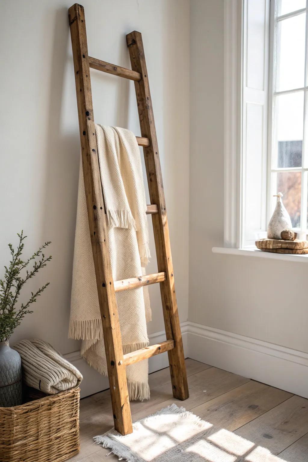 A raw-wood blanket ladder turns cozy throws into effortless boho decor with handmade charm.