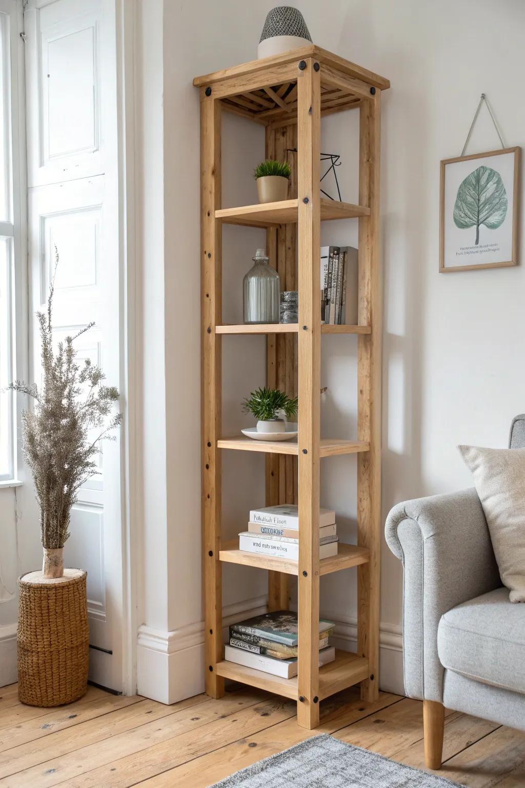 A slim pine corner tower shelf with a cover-forward top ledge—pretty, practical, space-smart.