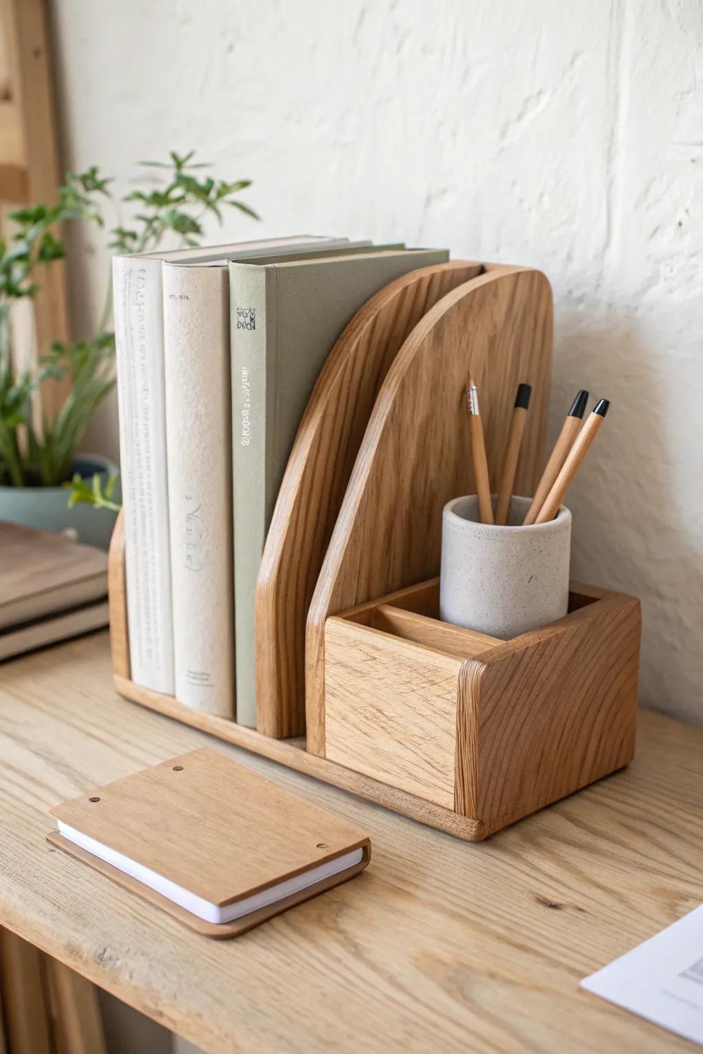 A sleek oak bookend with a built-in pen-and-notepad pocket for a calm, tidy desk.
