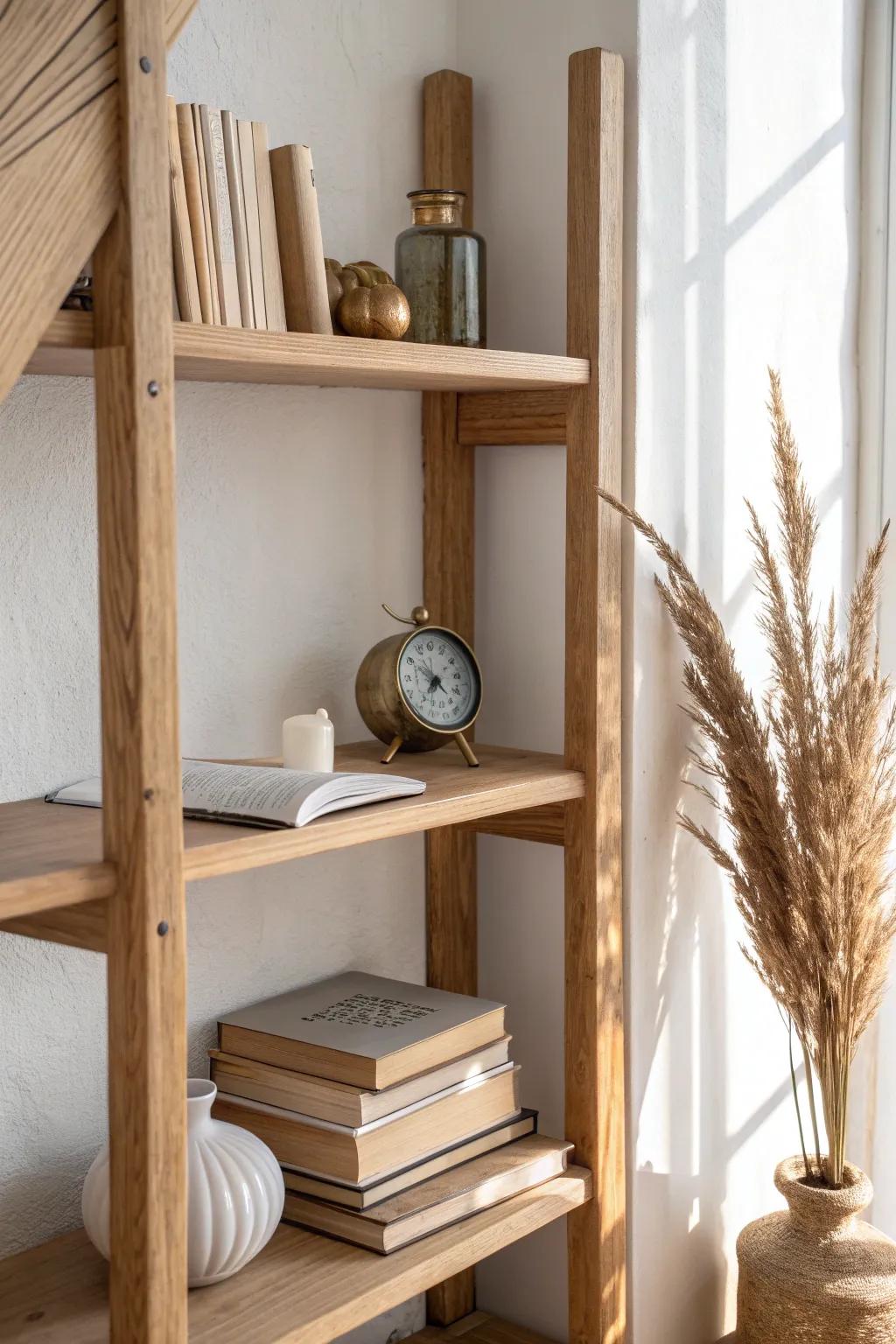 Tell one travel story per shelf—oak, books, and keepsakes that look curated, never cluttered.
