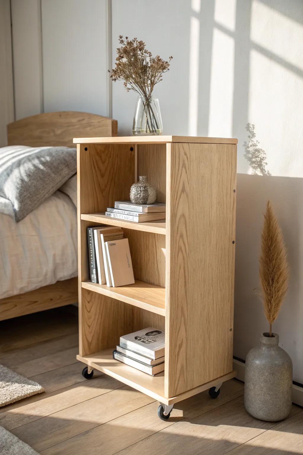 A minimalist rolling plywood book cart that glides to your bedside for cozy nighttime reads.