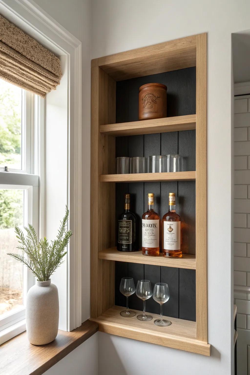 A built-in bourbon nook with dark backing—clean trim, warm oak, and bottles displayed like art.