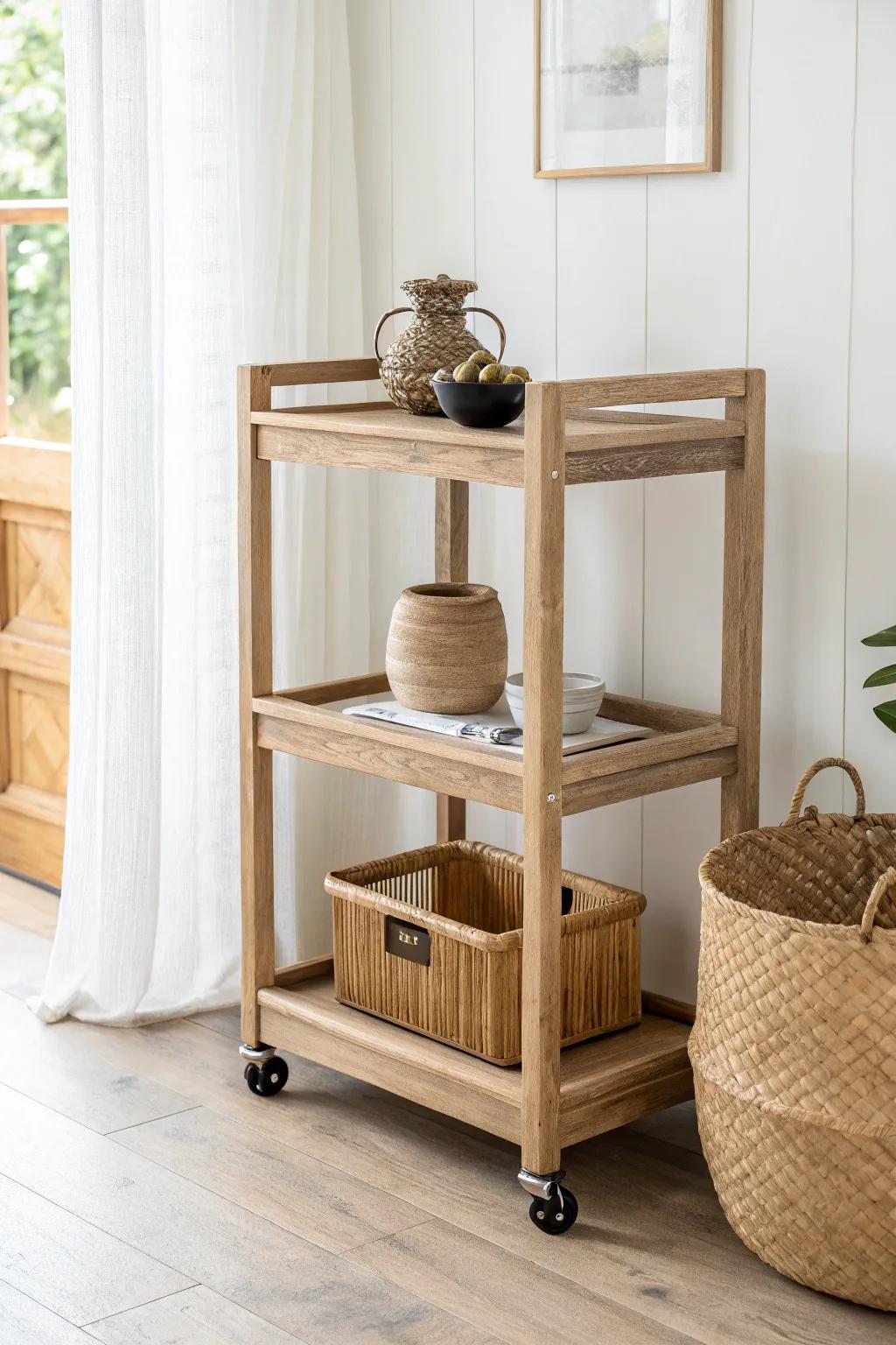 A pale-oak rolling shelving cart with locking casters—minimal, stable, and easy to restyle.