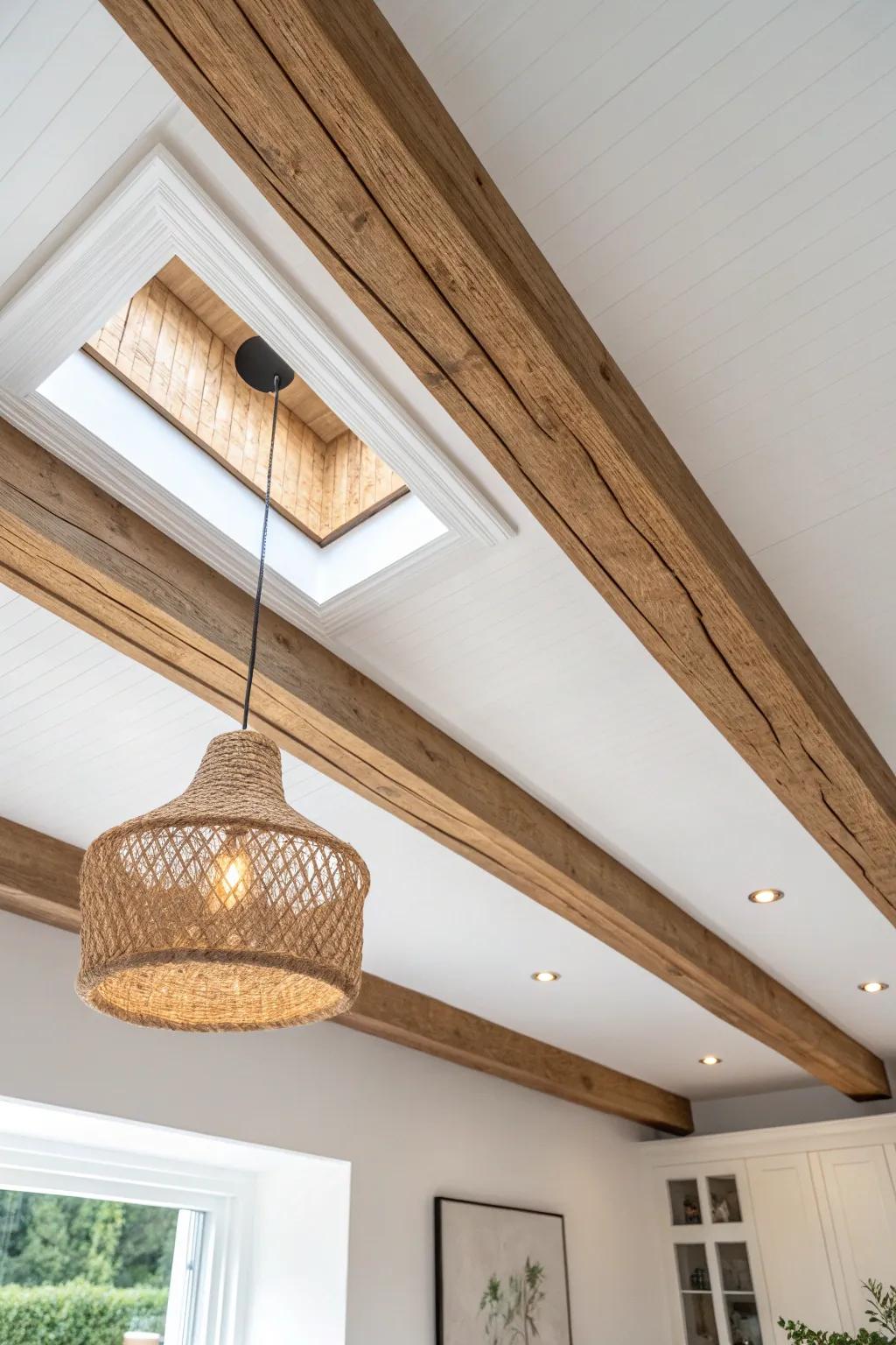 Recessed lights nestled between oak box beams for a clean, balanced ceiling grid.