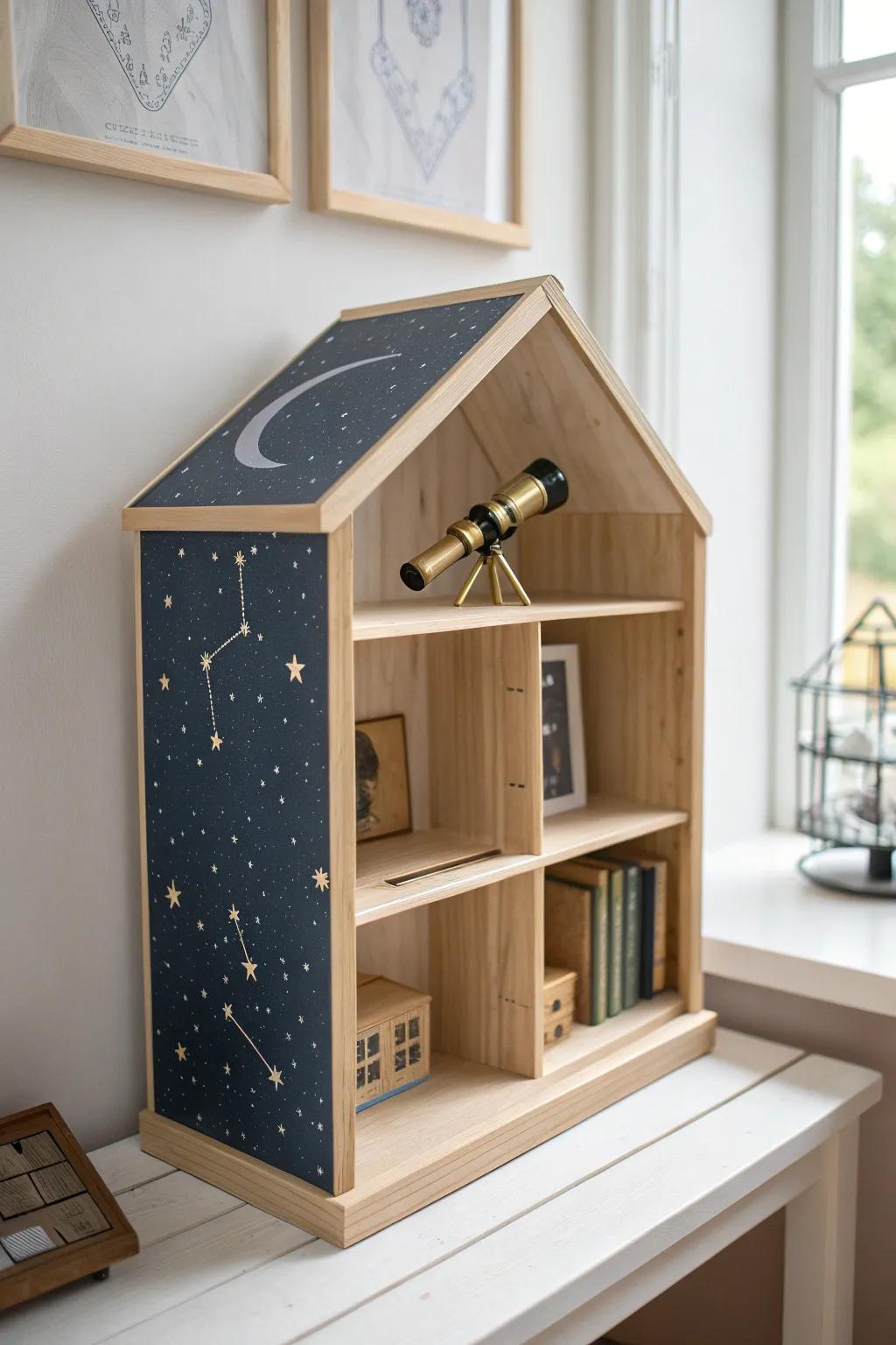 Space explorer dollhouse: pale wood + deep navy starfield walls, with a tiny telescope corner.