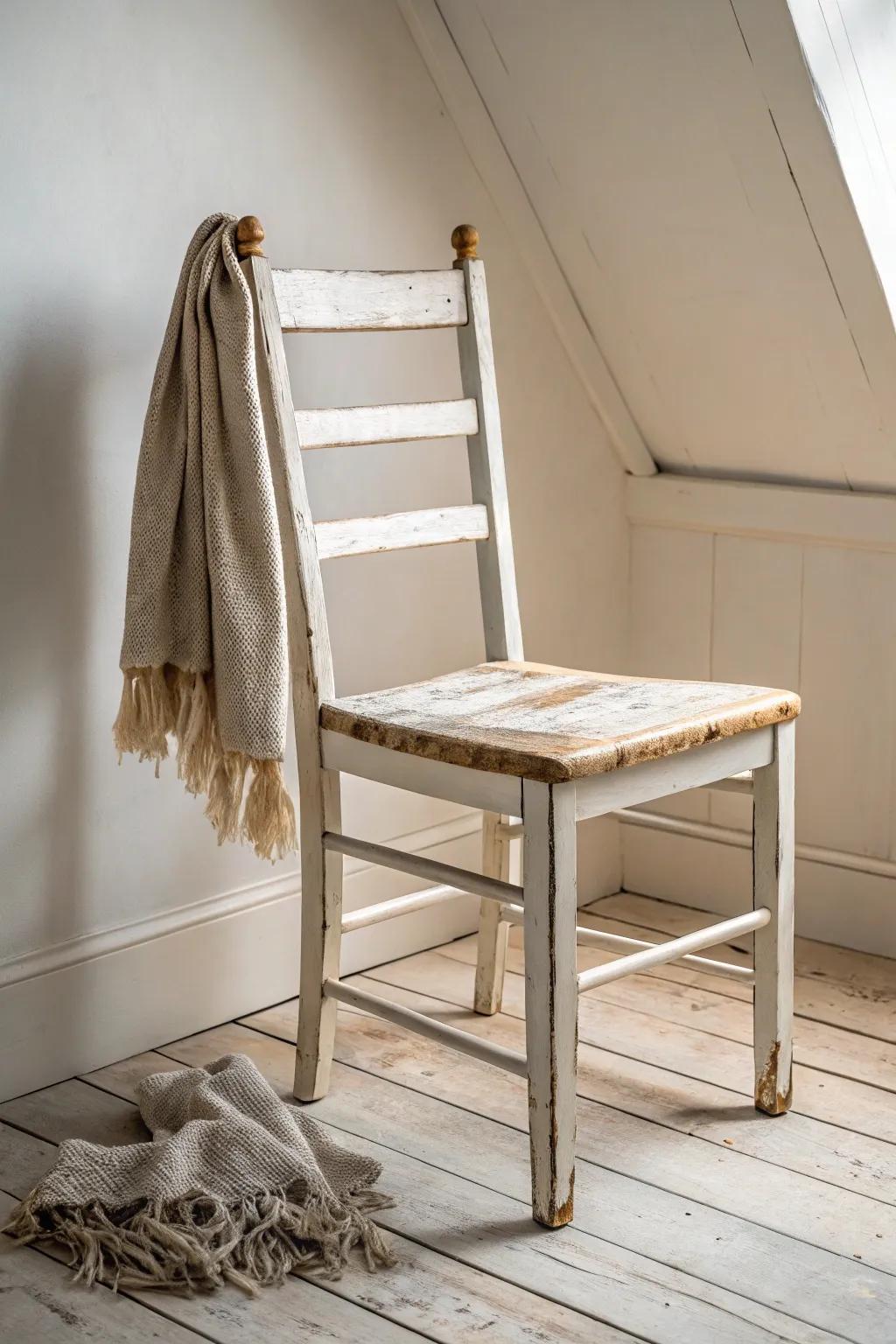 Distressed ladder-back chair with a sealed wood seat—cozy farmhouse vibes for any break room.