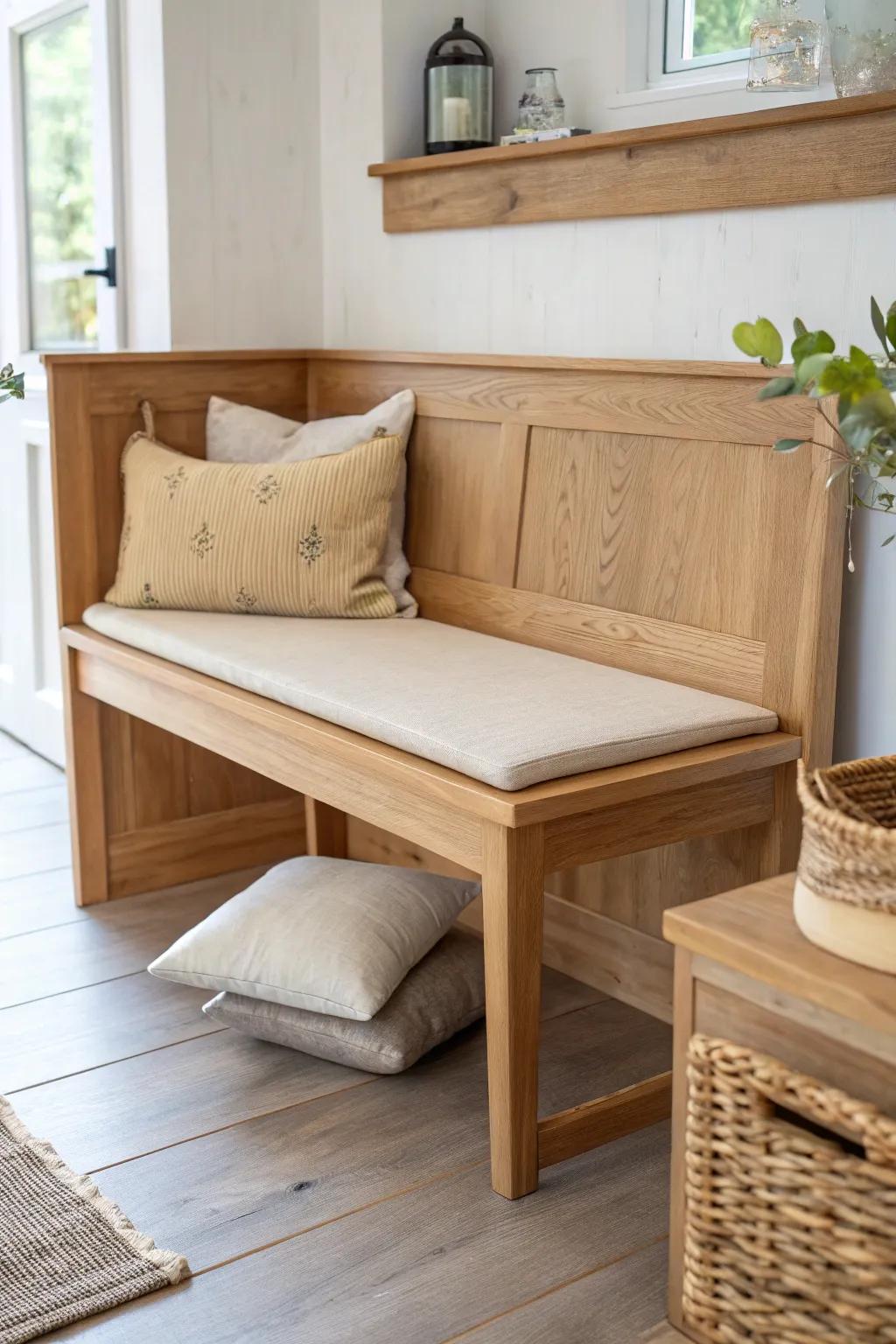 Slim oak nook bench with cozy linen cushions—perfect for tight corners without crowding.