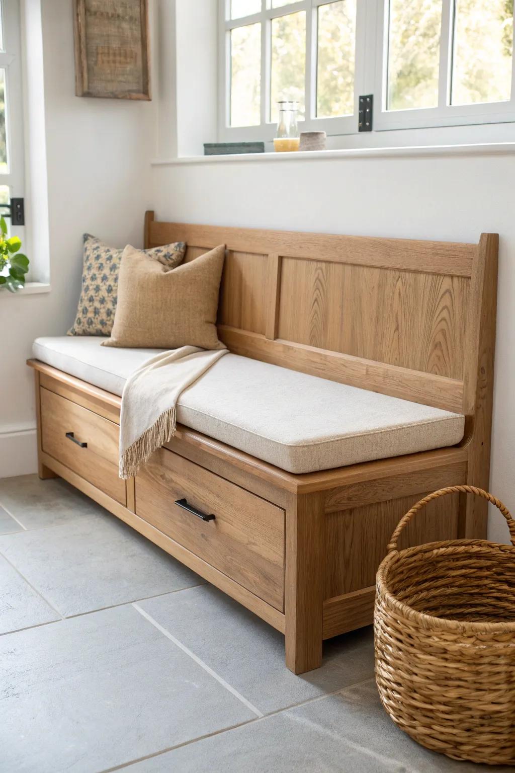 A sleek oak banquette with hidden drawers—beautifully crafted storage for breakroom essentials.