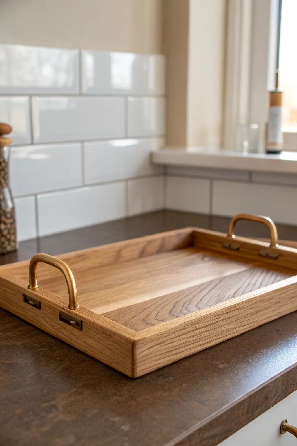 Warm brass accents make brown countertops glow—minimal, handmade, and effortlessly chic.