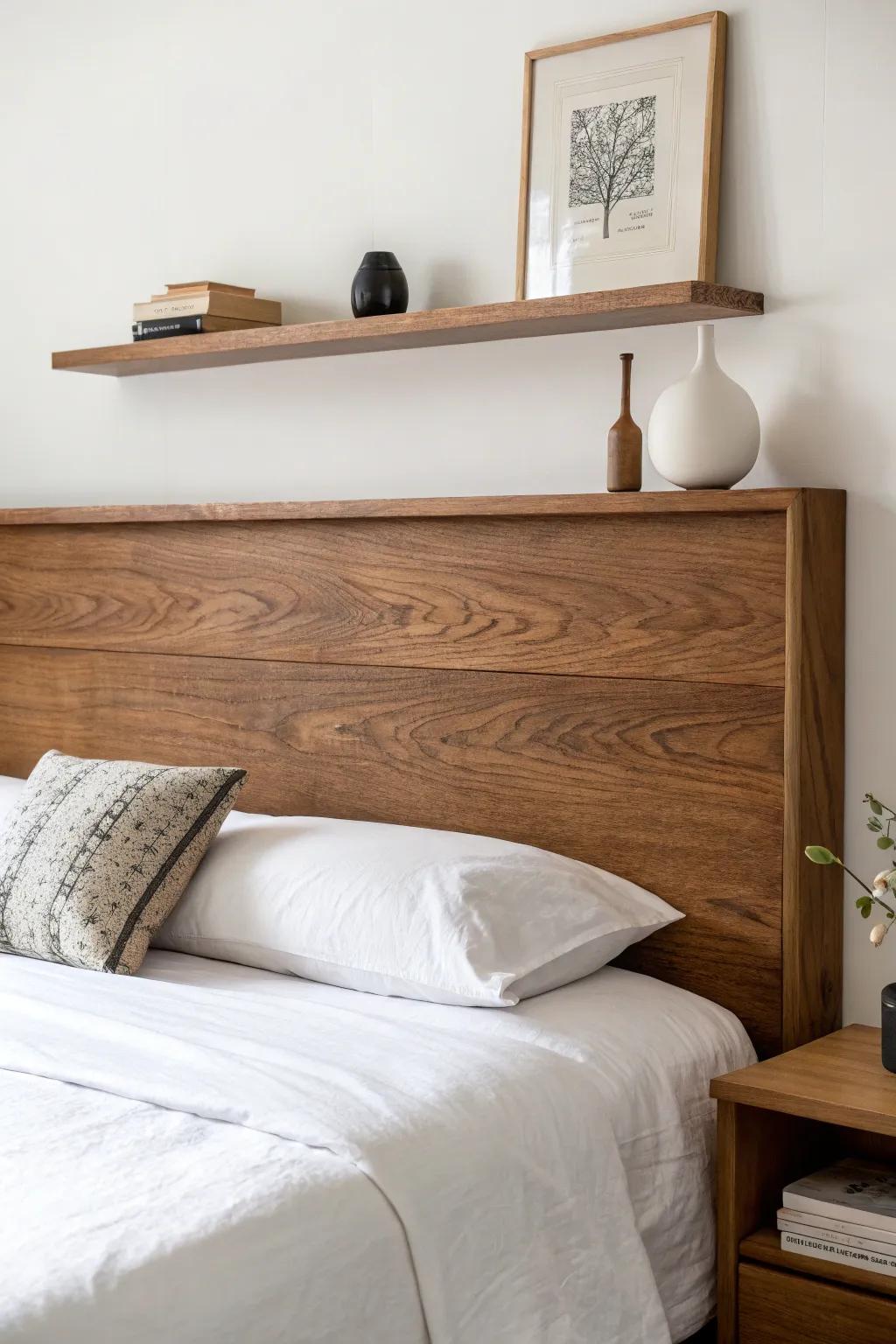 Brown stained floating shelf headboard—minimal, space-saving, and perfect for art + books.